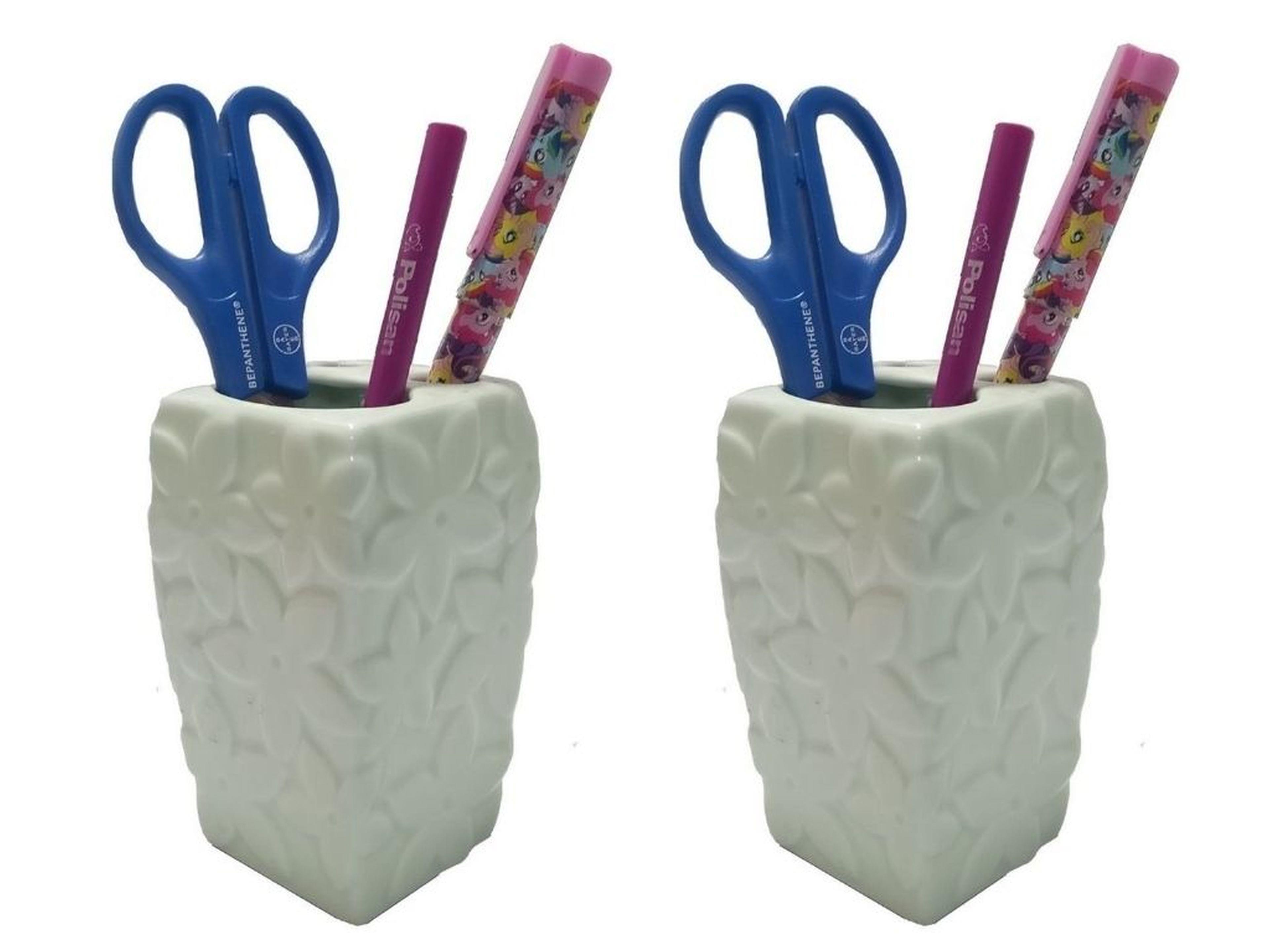 2 Adet Kalemlik Çiçekli Su Yeşili Seramik Ofis Gereci  7X7X12Cm 