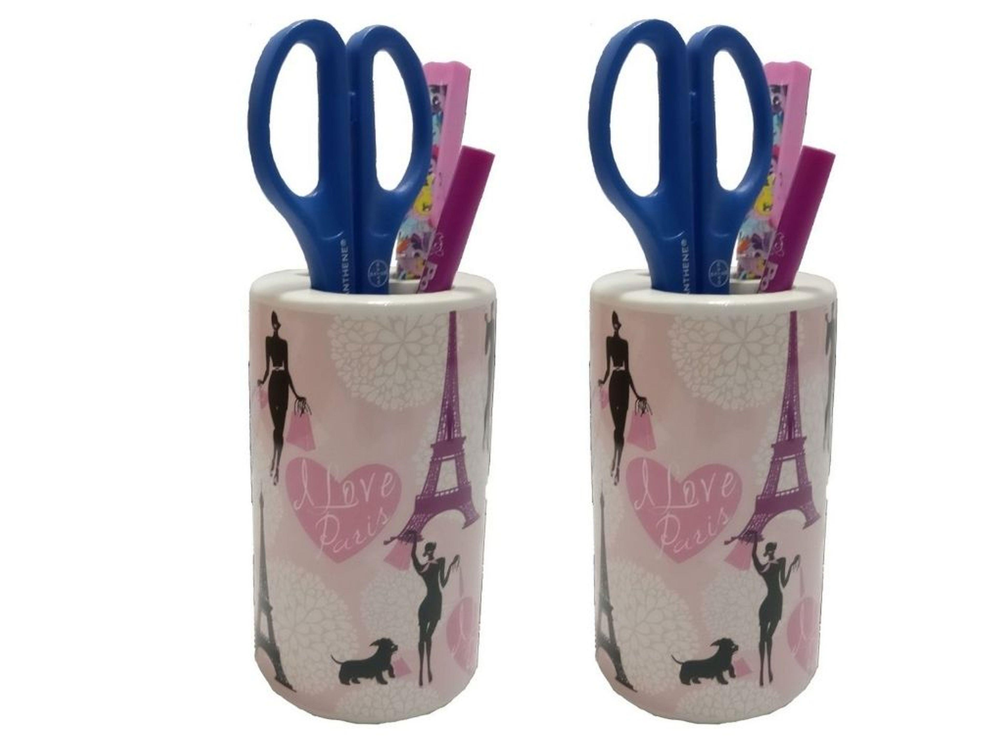 2 Adet Kalemlik Kızlı Paris Desenli Seramik Ofis Gereci  7X7X11Cm