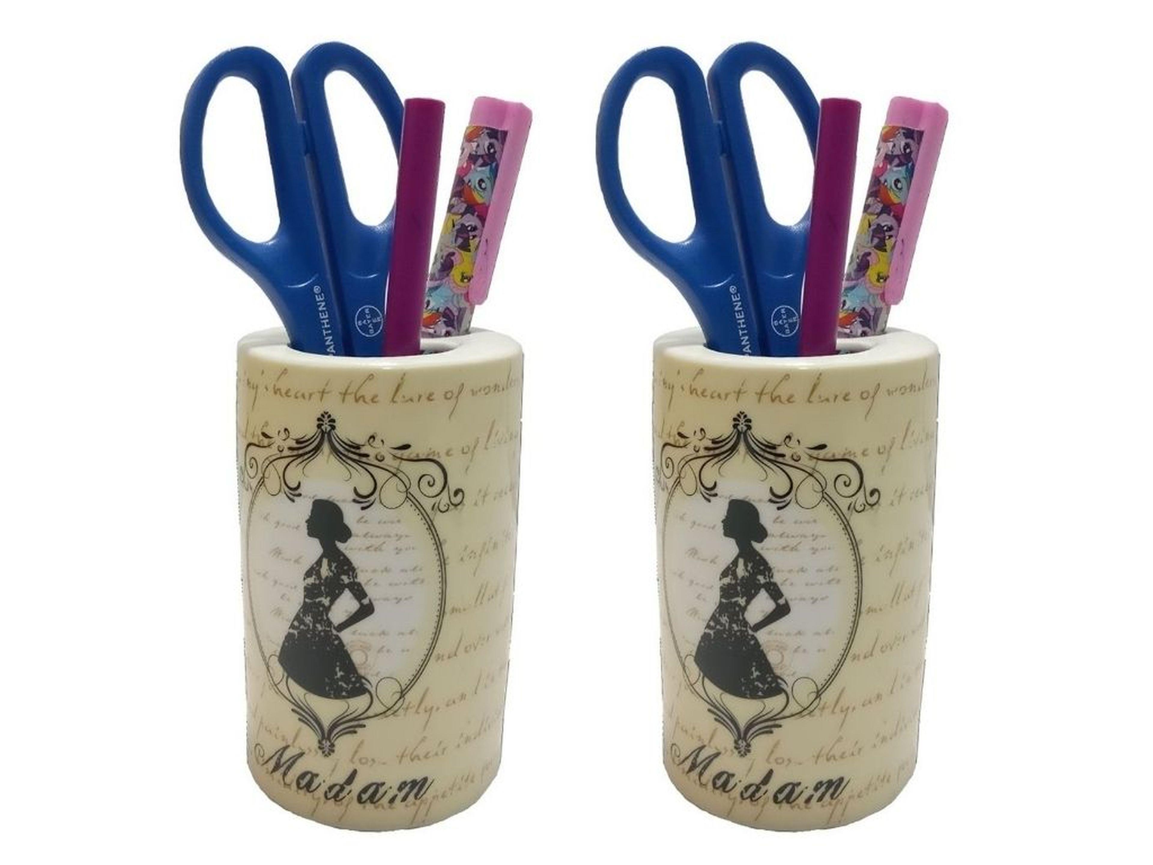 2 Adet Kalemlik Madam Desenli Seramik Ofis Gereci  7X7X11Cm