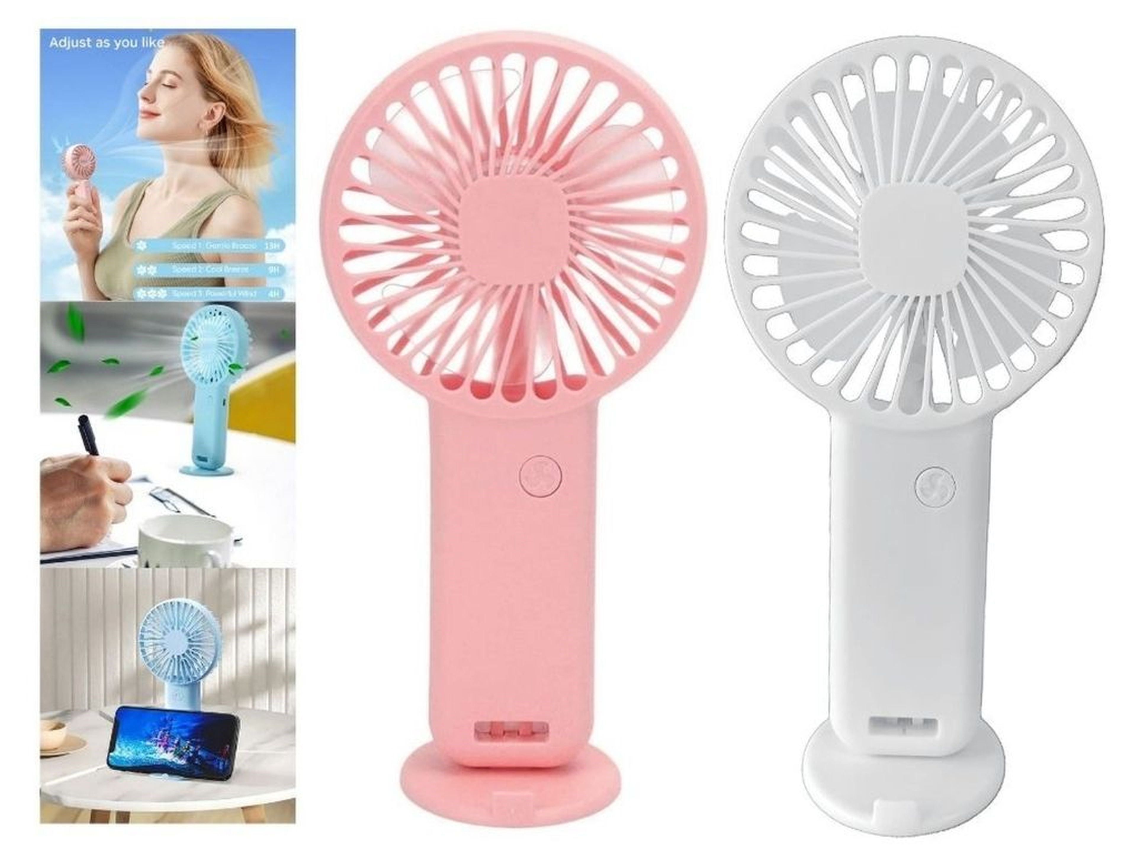 2 Adet Mini Fan,Telefon Tutucu,Portatif El Vantilatörü Pembe,Beyaz  9,3X19Cm Usb Şarjlı El Fanı