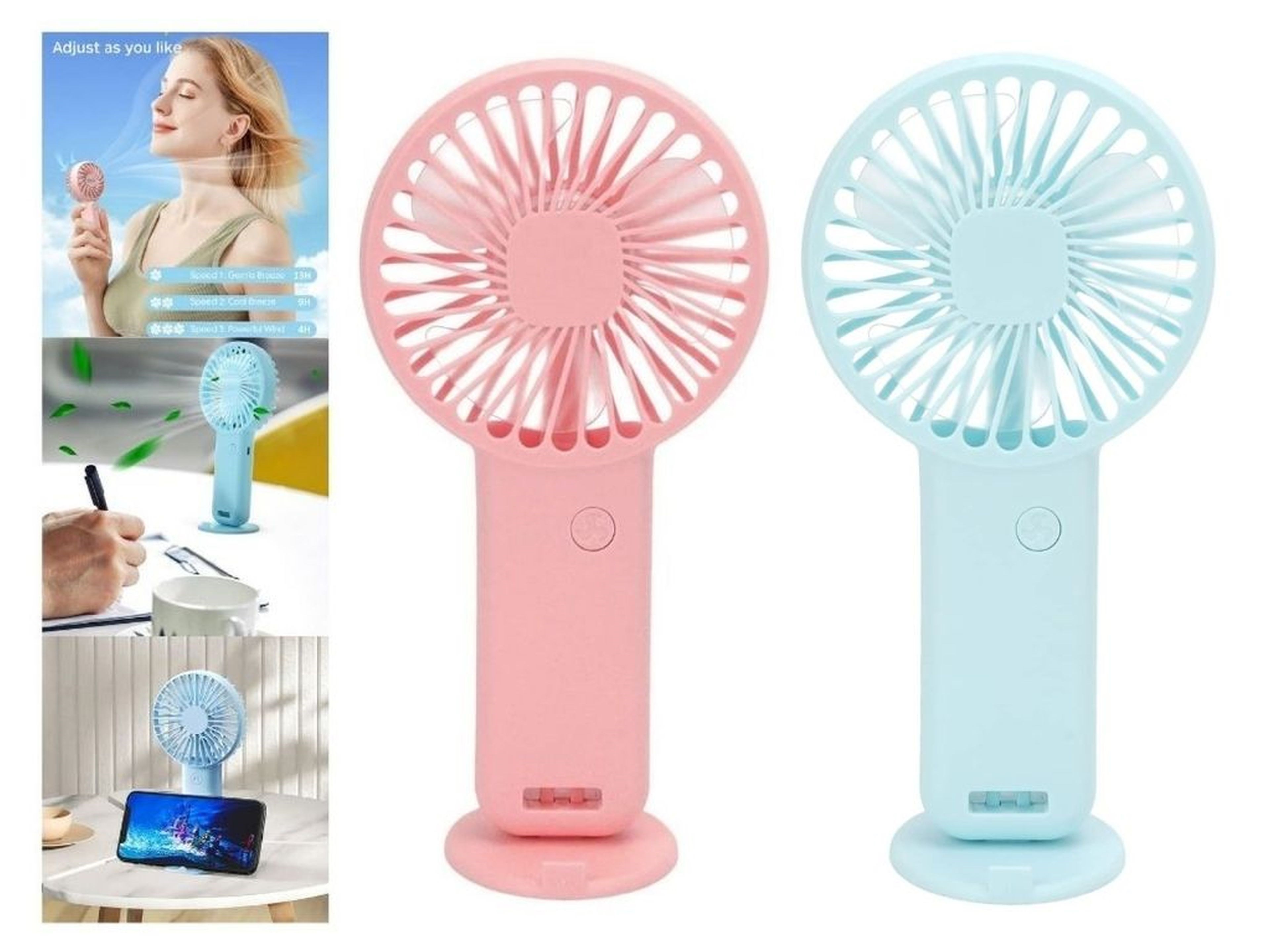2 Adet Mini Fan,Telefon Tutucu,Portatif El Vantilatörü Pembe,Mavi  9,3X19Cm Usb Şarjlı El Fanı