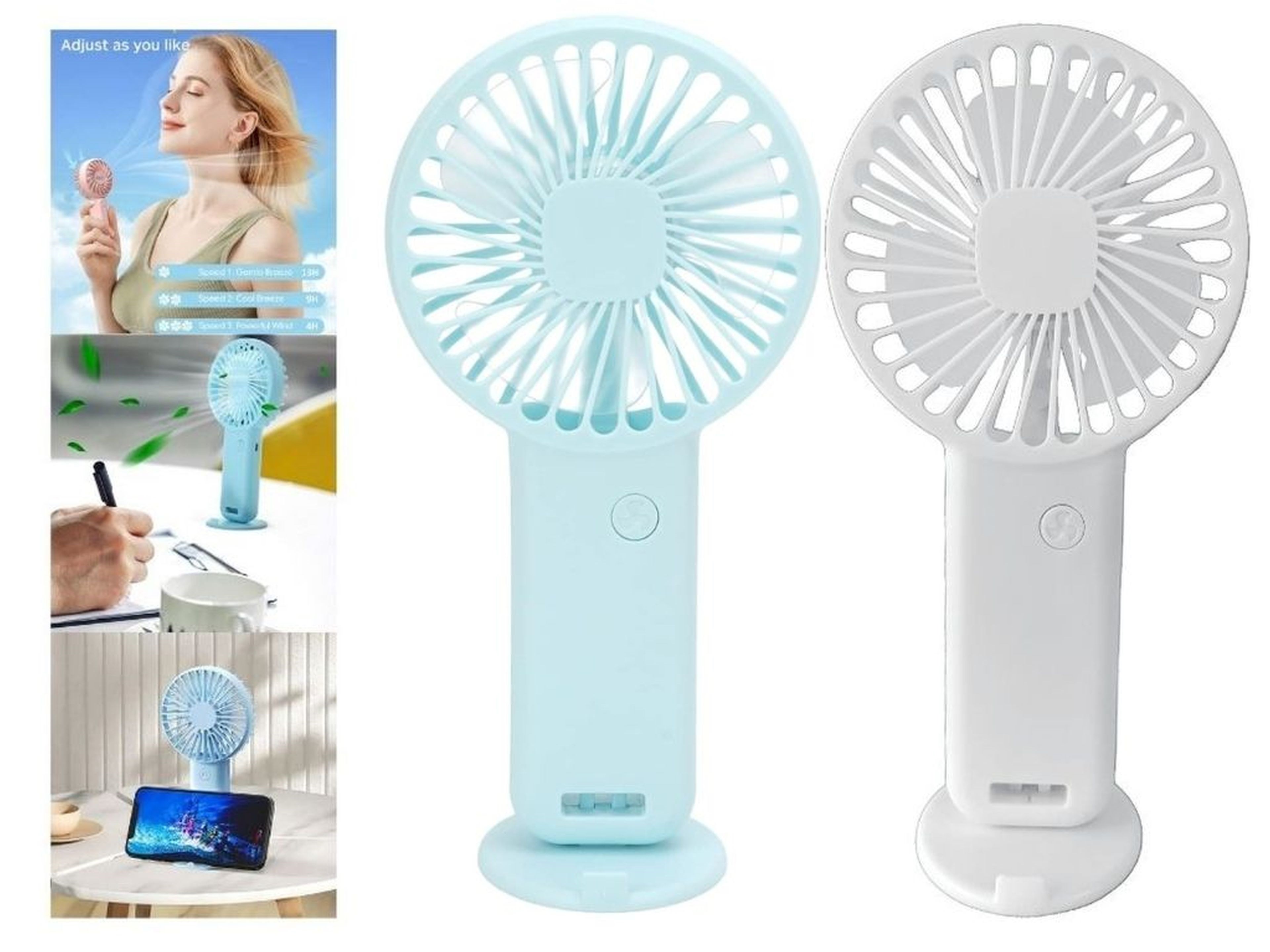 2 Adet Mini Fan,Telefon Tutucu,Portatif El Vantilatörü Mavi,Beyaz  9,3X19Cm Usb Şarjlı El Fanı