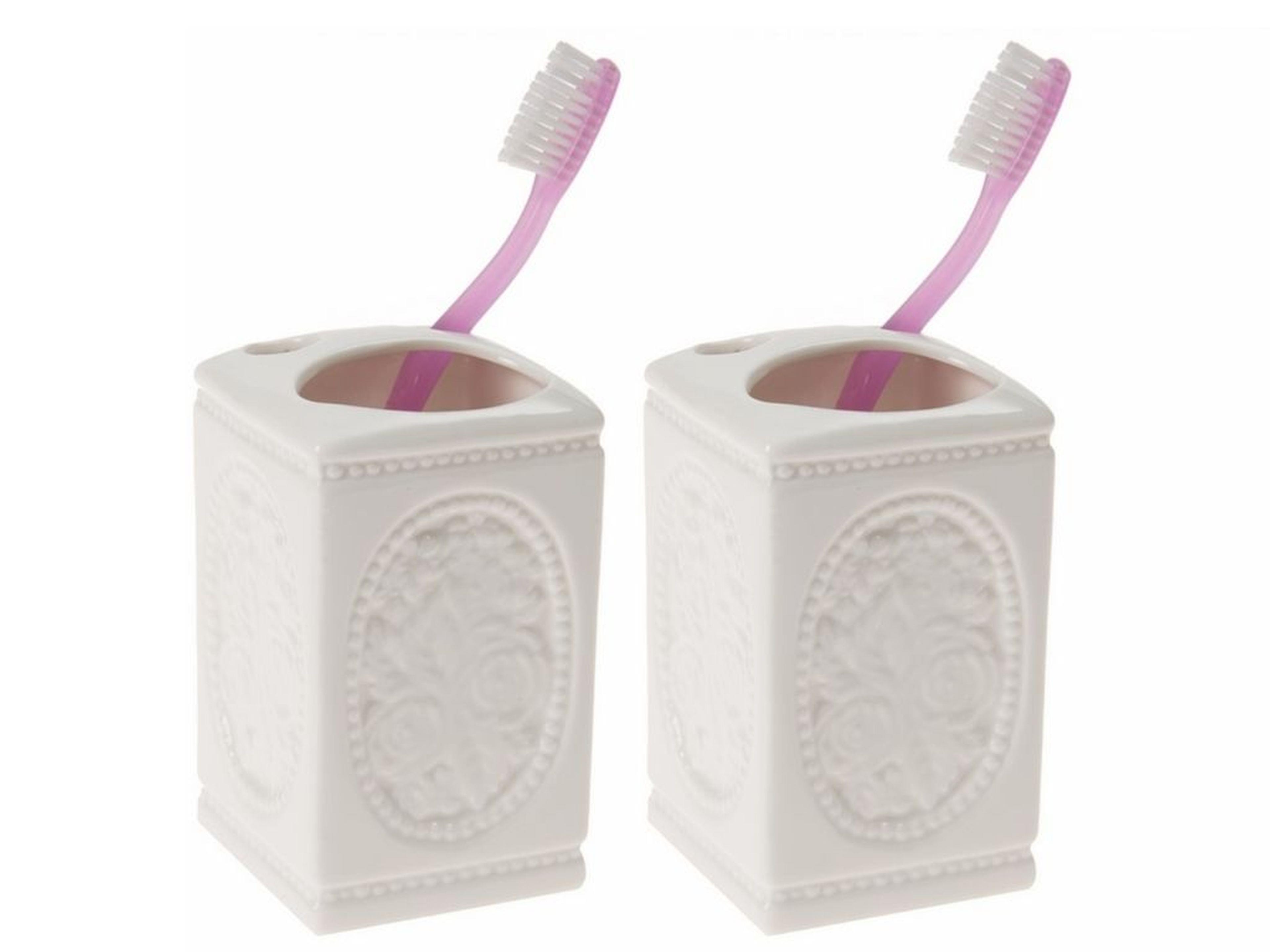 2 Adet Seramik Diş Fırçalık Çiçekli Kare Model 8X8X11Cm Banyo Seti  