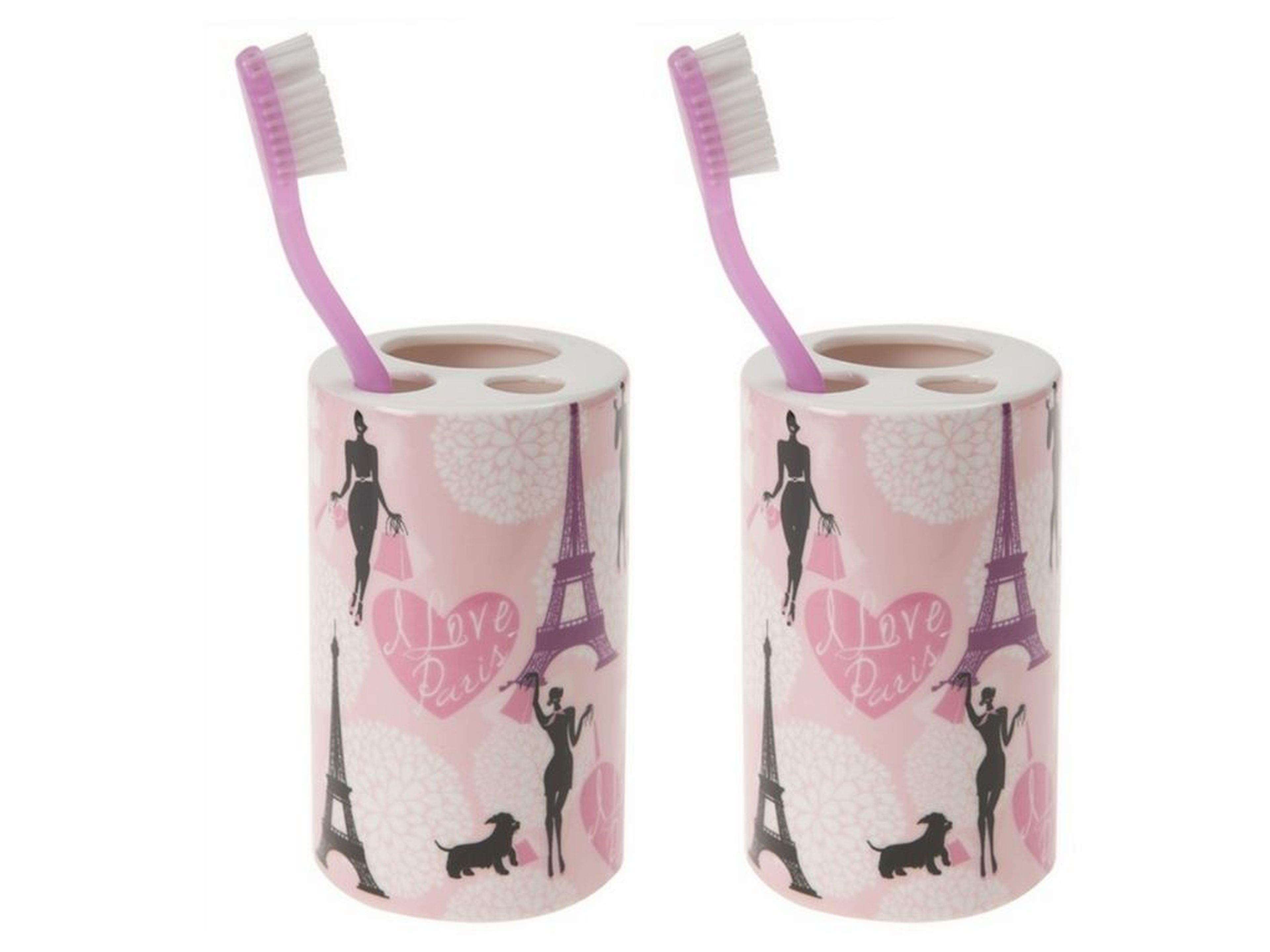 2 Adet Seramik Diş Fırçalık Kızlı Paris Desenli 7X7X11Cm Banyo Seti  