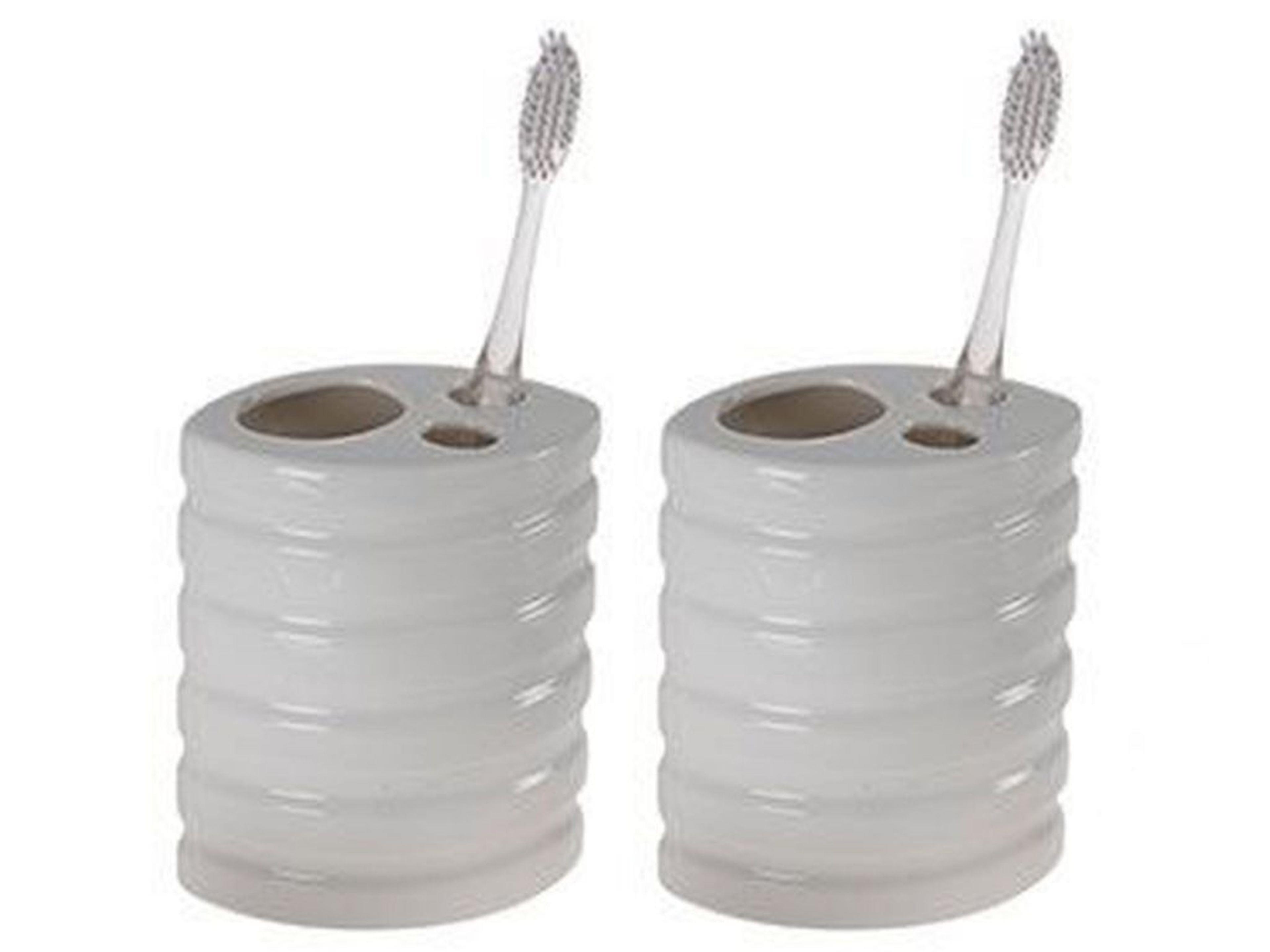 2 Adet Seramik Diş Fırçalık Oval Çizgili Model 9X6X11Cm Banyo Seti  