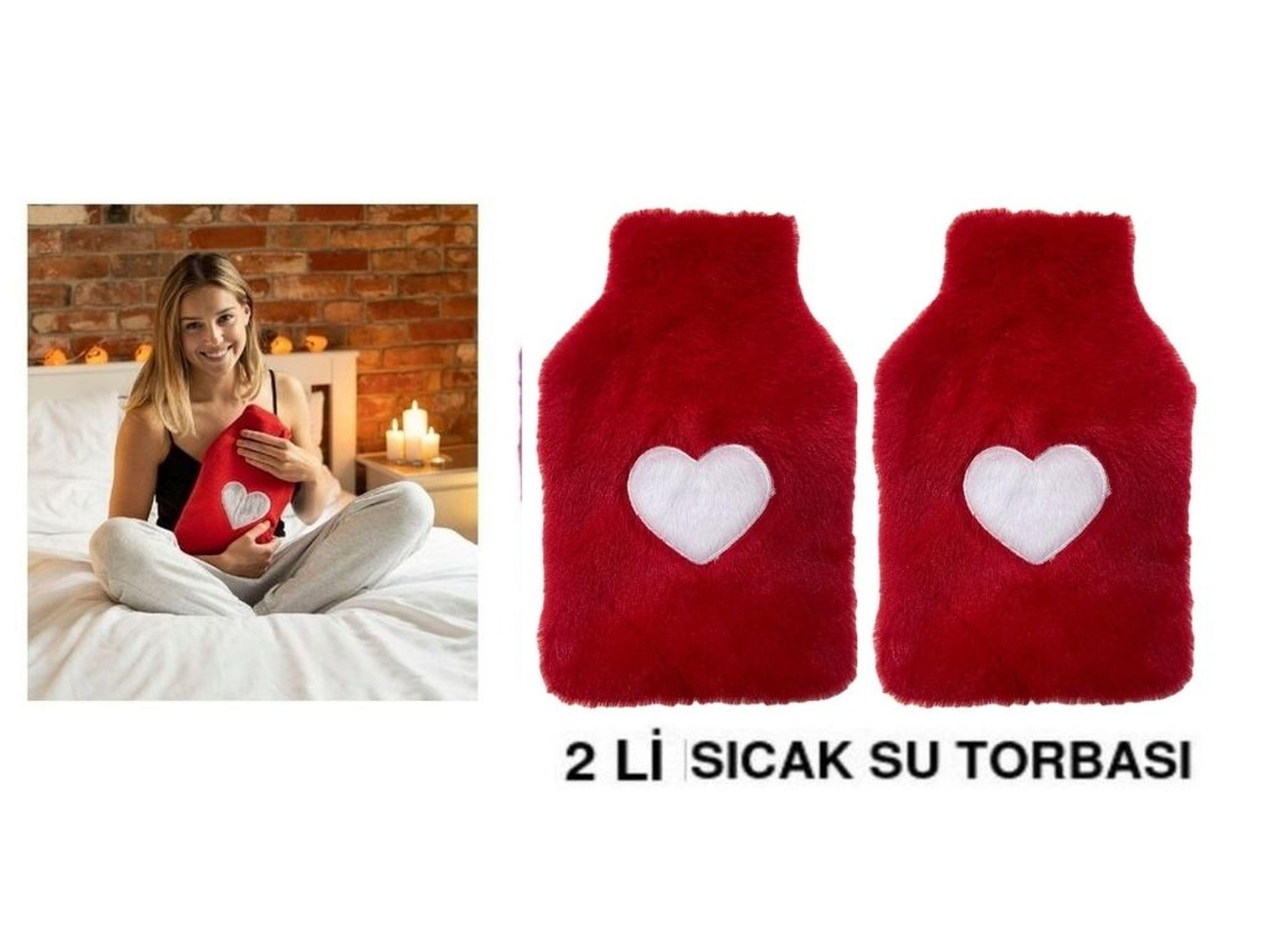 2 Adet Sıcak Su Torbası Peluş Kalpli,Kırmızı Termofor 27X17X2Cm 1 Litre