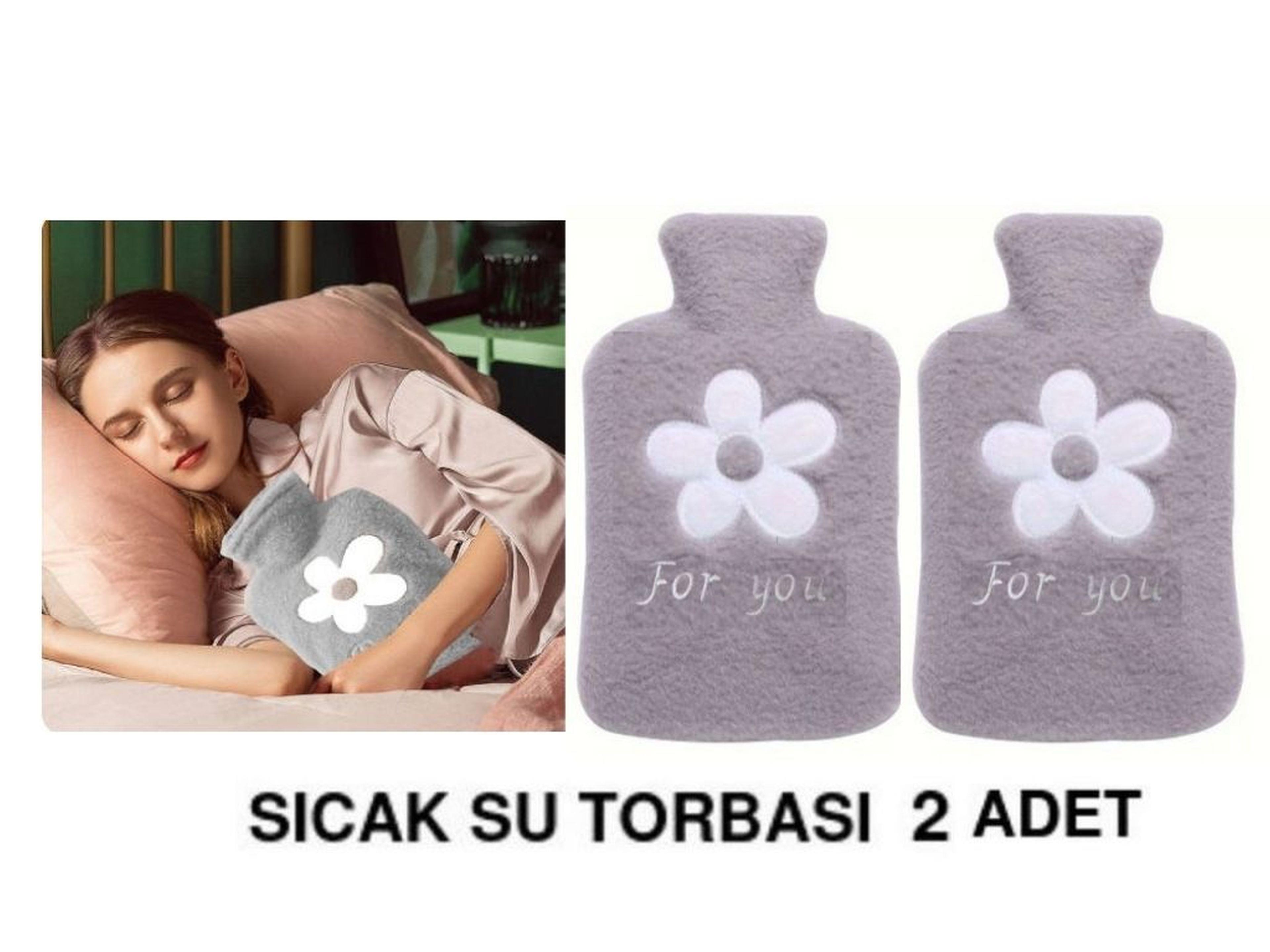 2 Adet Sıcak Su Torbası Peluş Papatya Desenli Gri  21X13,5X2Cm 500 Ml