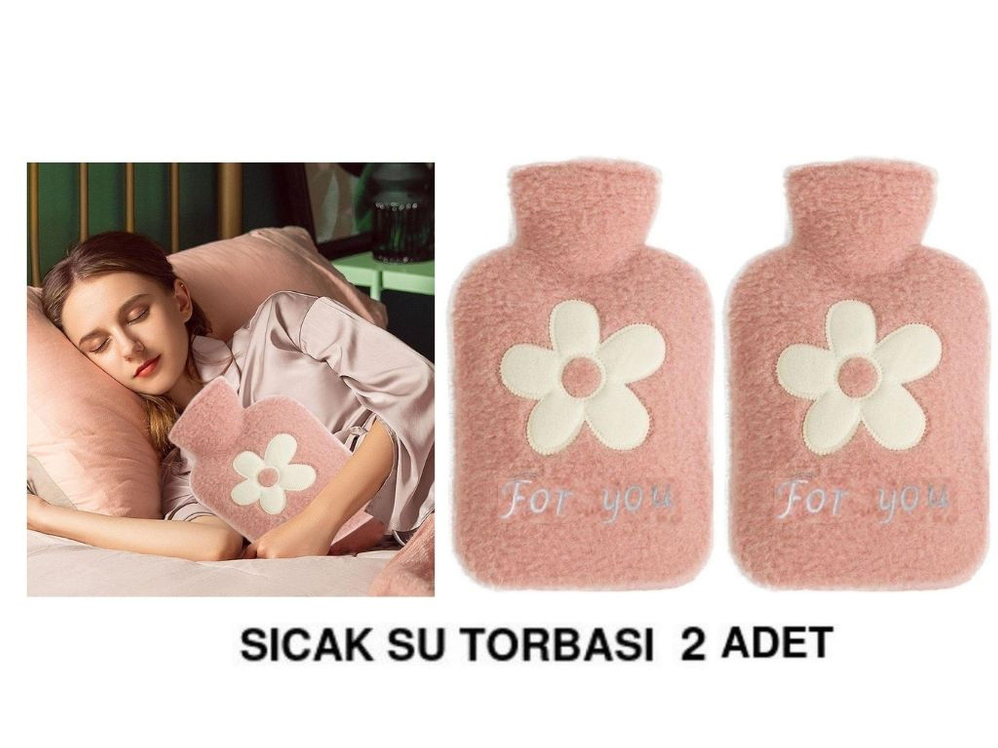 2 Adet Sıcak Su Torbası Peluş Papatya Desenli Pembe  21X13,5X2Cm 500 Ml
