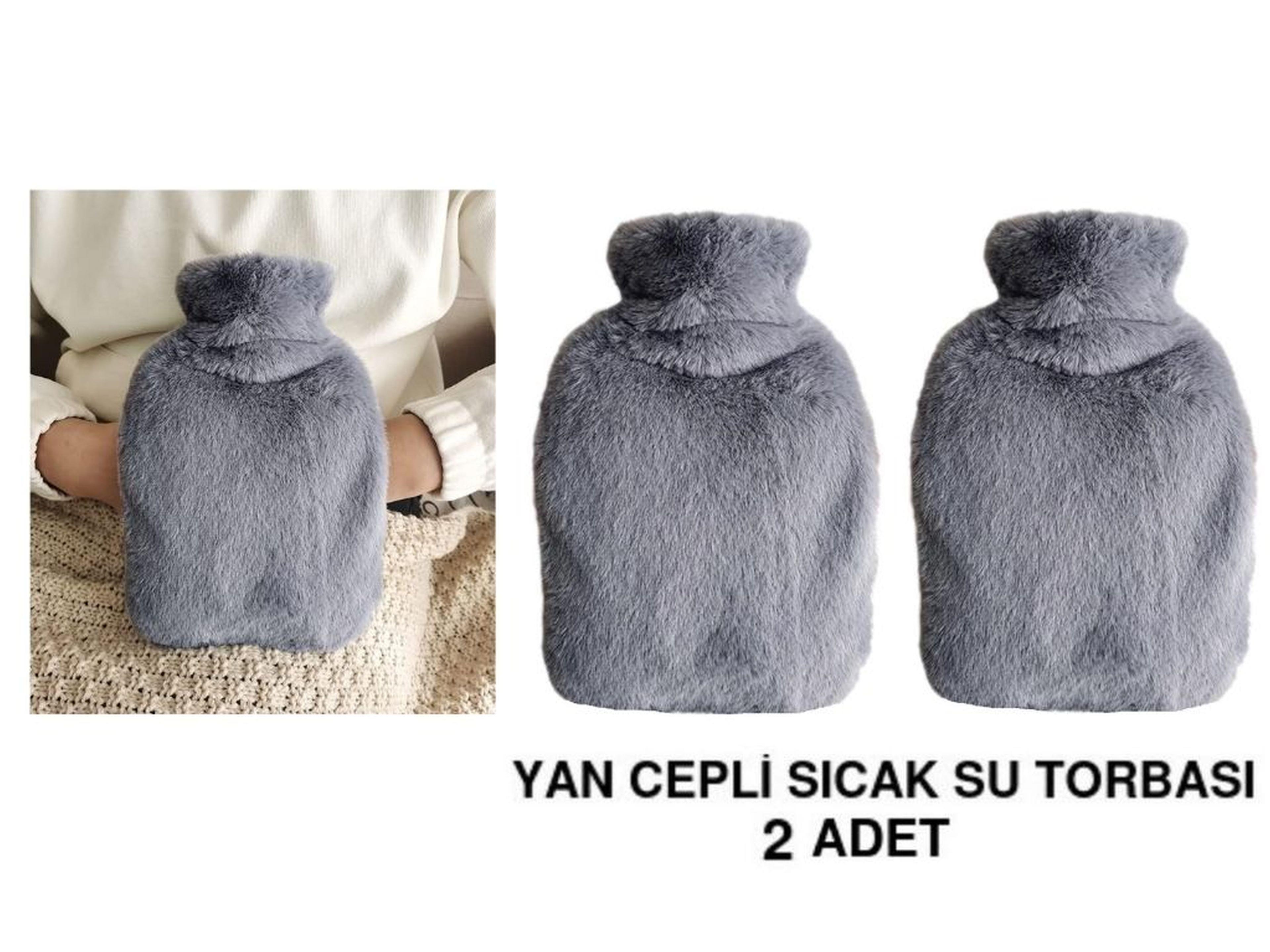 2 Adet Sıcak Su Torbası Yan Cepli Gri  Peluş Termofor 27X17X2Cm  1 Litre