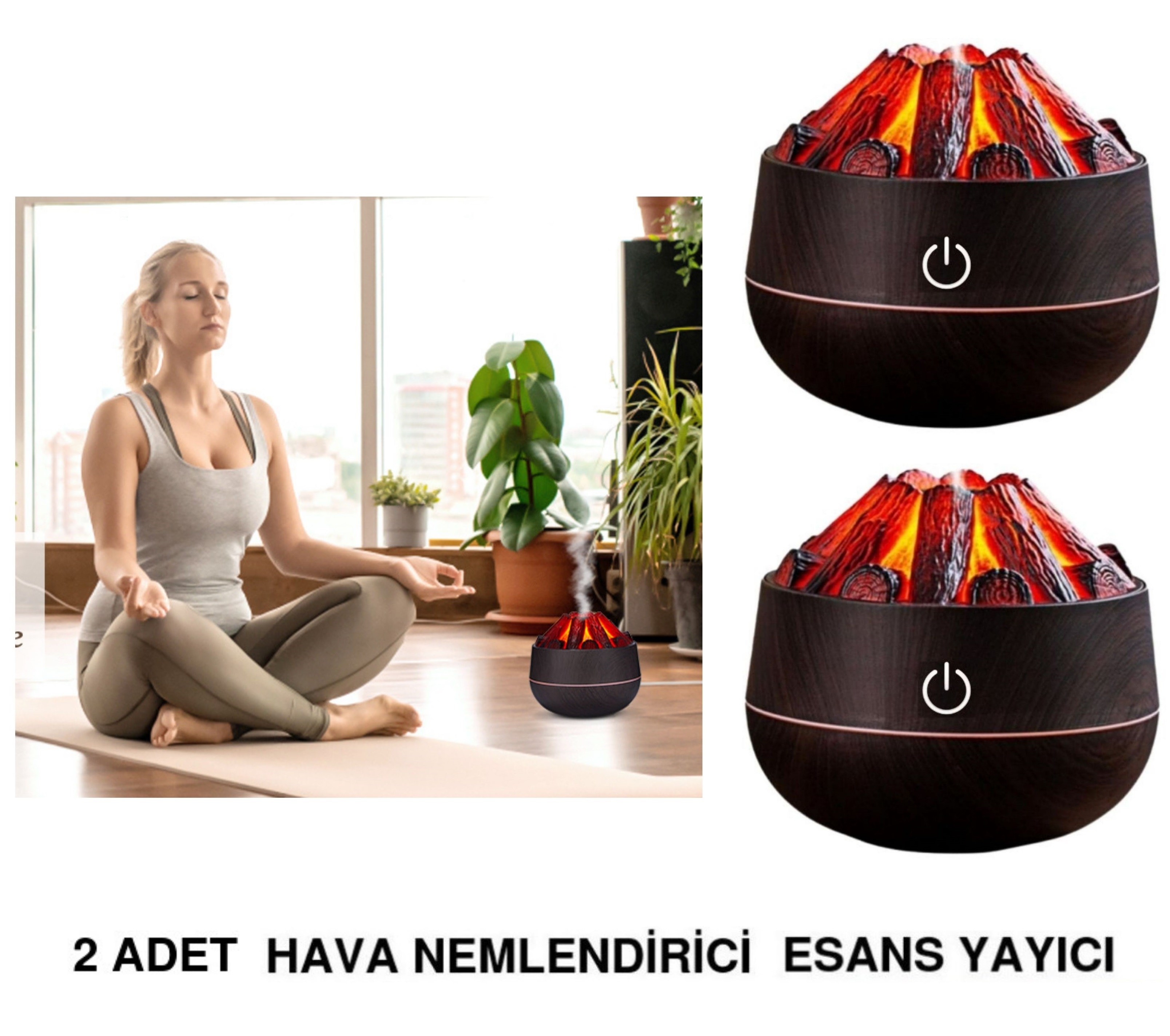 2 Adet Şömine  Tasarımlı Usb Lı Led Aydınlatmalı Hava Nemlendirici,Aromaterapik Hava Difüzörü,Buhurdanlık,,Sis Spreyli Gece Lambası, 300 Ml 10X10X10,3Cm Koyu Kahverengi