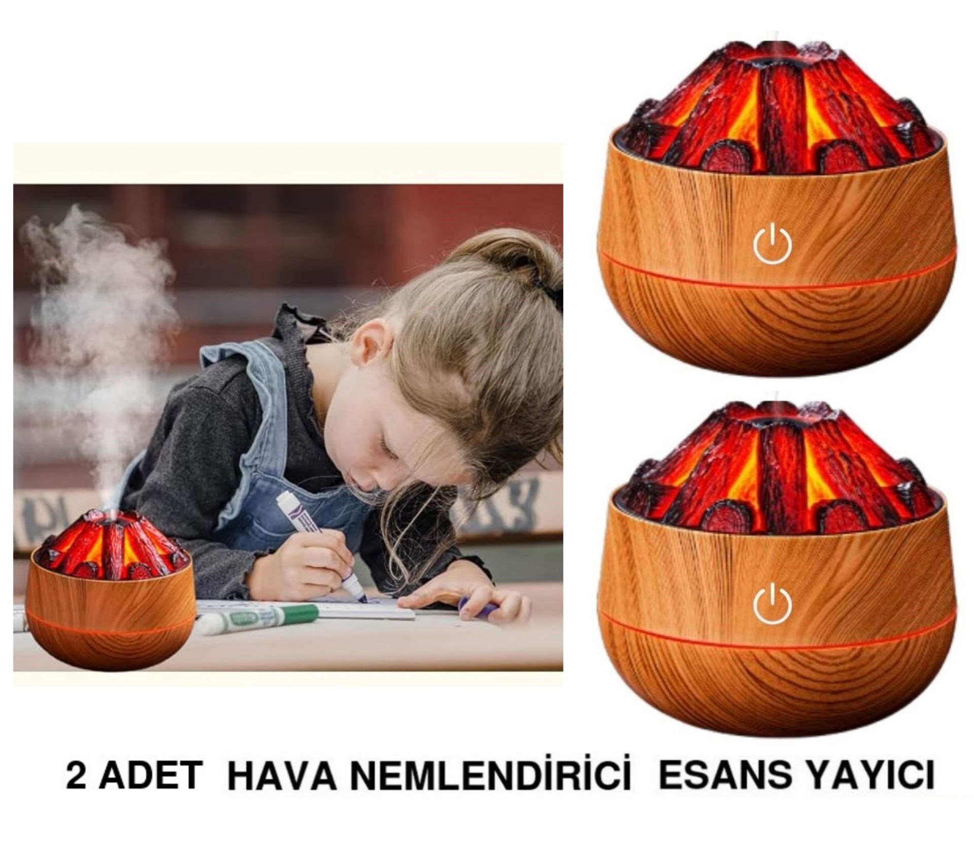 2 Adet  Şömine  Tasarımlı Usb Lı Led Aydınlatmalı Hava Nemlendirici,Aromaterapik Hava Difüzörü,Buhurdanlık,,Sis Spreyli Gece Lambası, 300 Ml 10X10X10,3Cm Açık Kahverengi