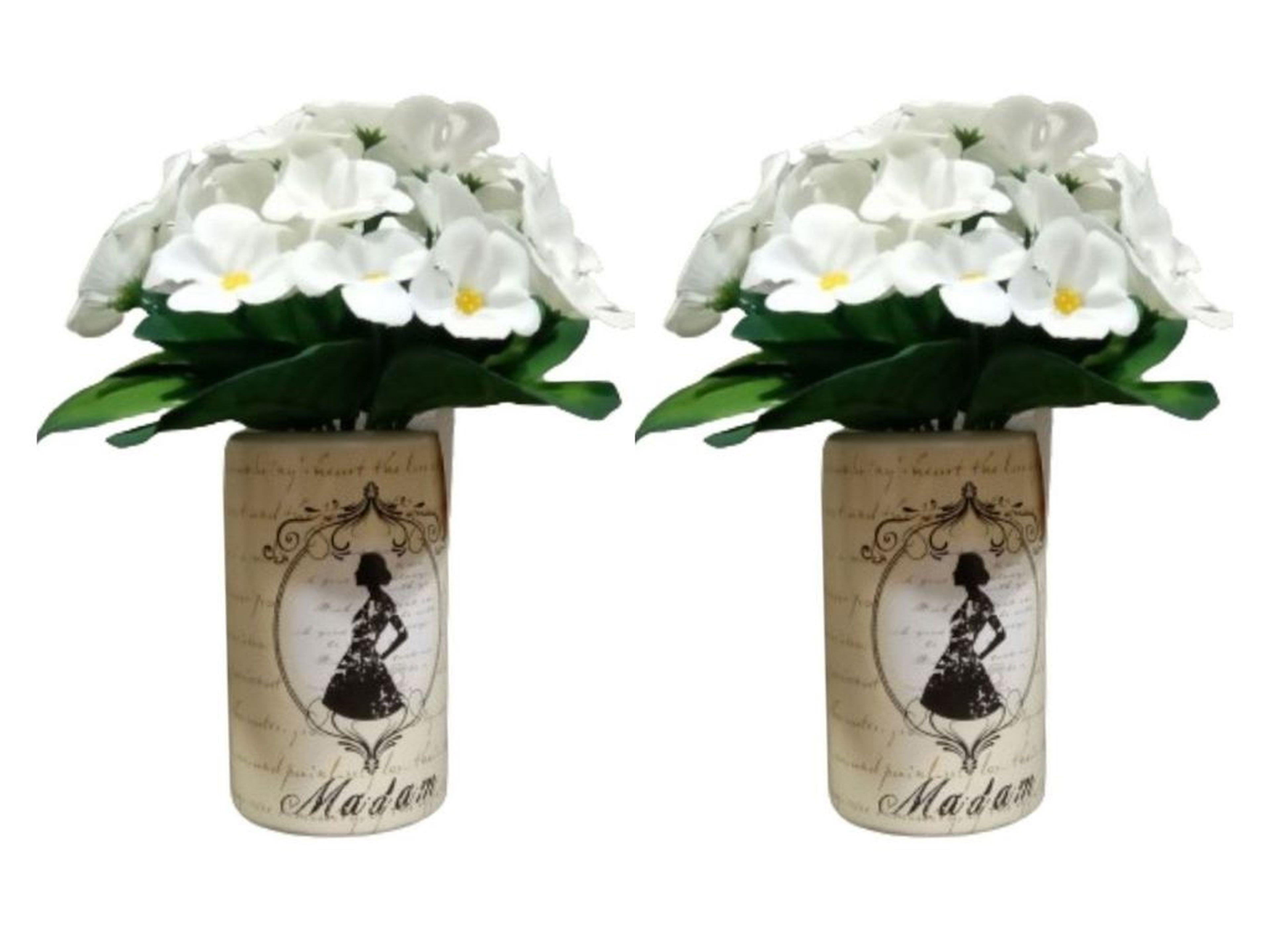 2 Adet Vazo Dahil,Vazoda Çiçek,Beyaz Yapay Çiçek,Vazo Dekoratif Madam Desenli 7X7X16Cm 