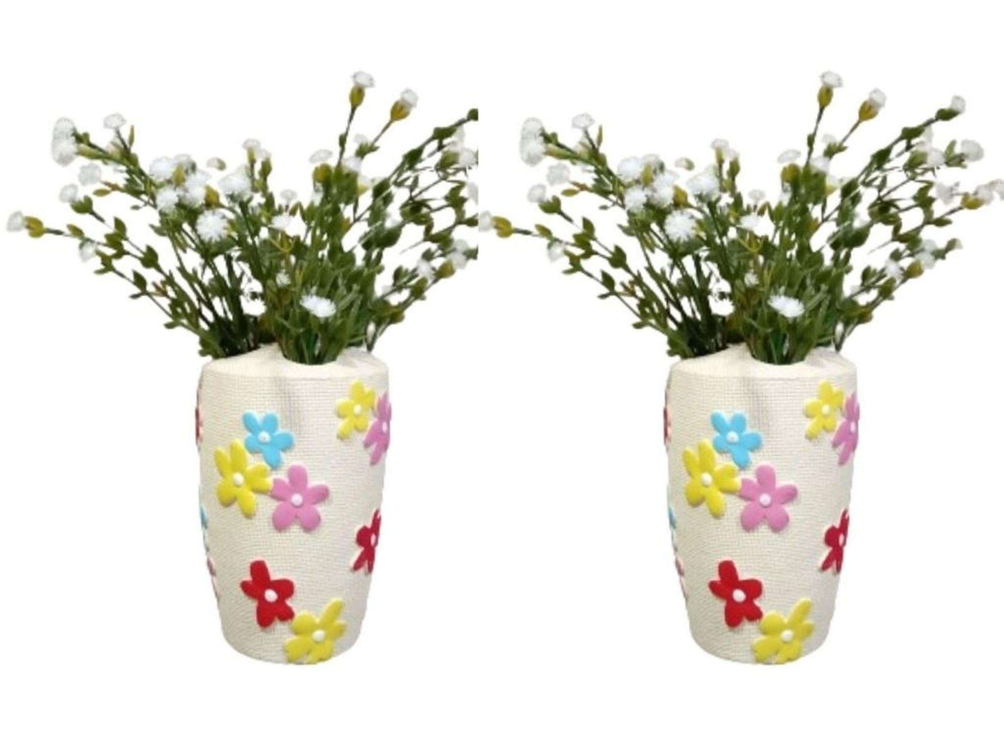 2 Adet Vazo Dahil,Vazoda Çiçek,Beyaz Yapay Çiçek,Vazo Dekoratif Renkli Papatyalı Poliresin 5X5X16Cm 