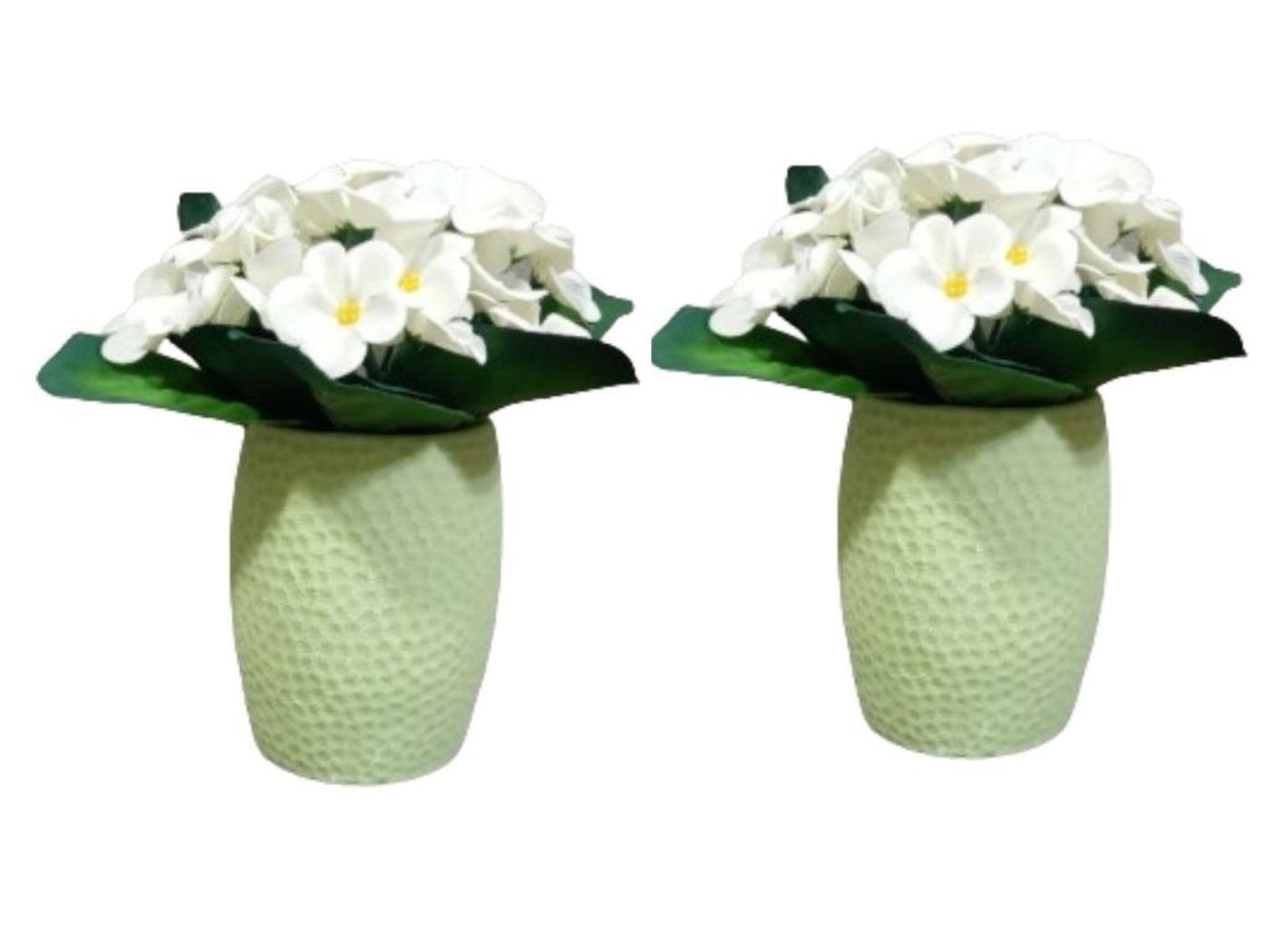 2 Adet Vazo Dahil,Vazoda Çiçek,Beyaz Yapay Çiçek,Vazo Yeşil Petek Desenli Poliresin 8X8X15Cm