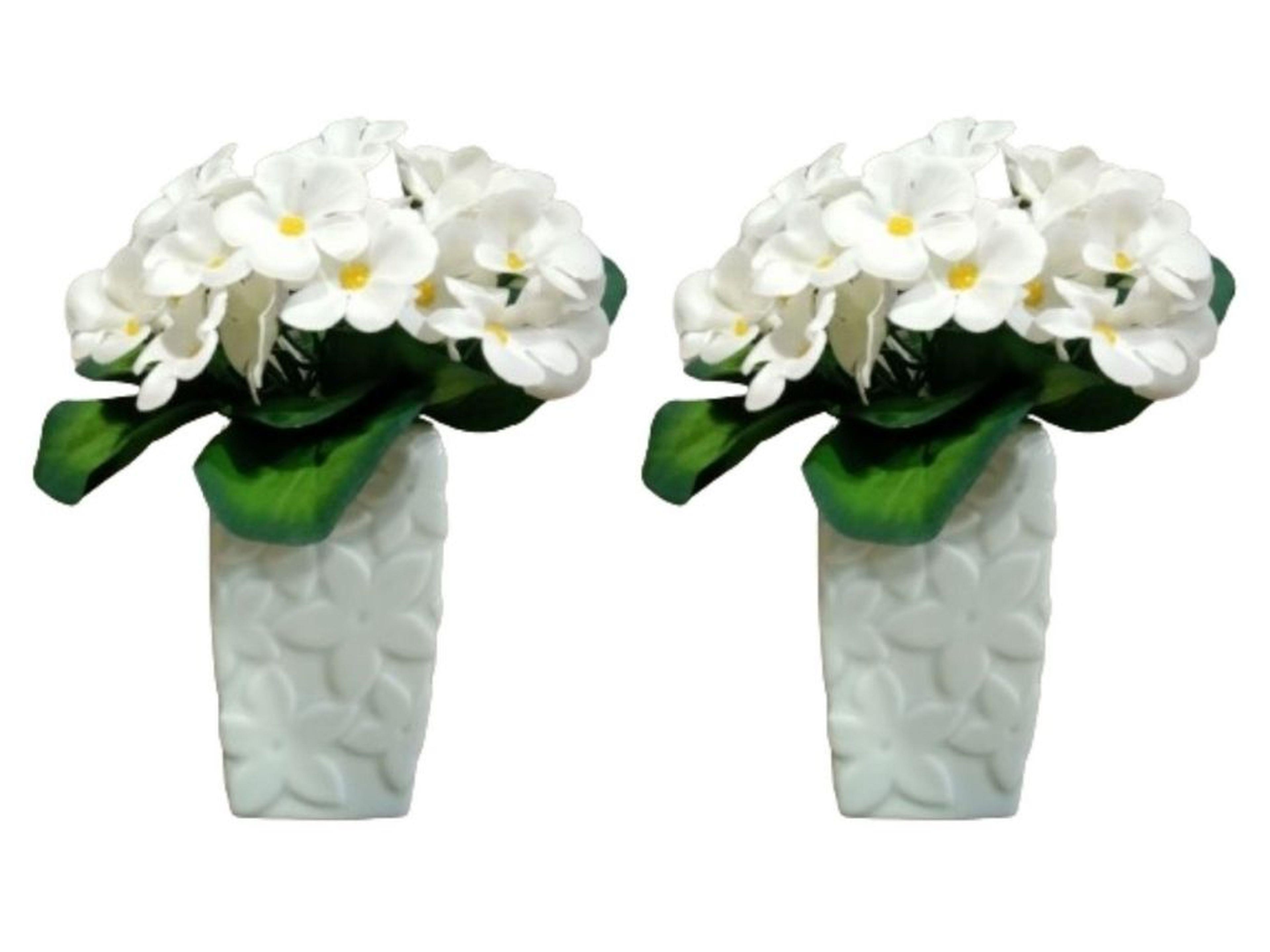 2 Adet Vazo Dahil,Vazoda Çiçek,Beyaz Yapay Çiçek,Vazo Dekoratif Çiçekli Su Yeşili 7X7X17Cm   