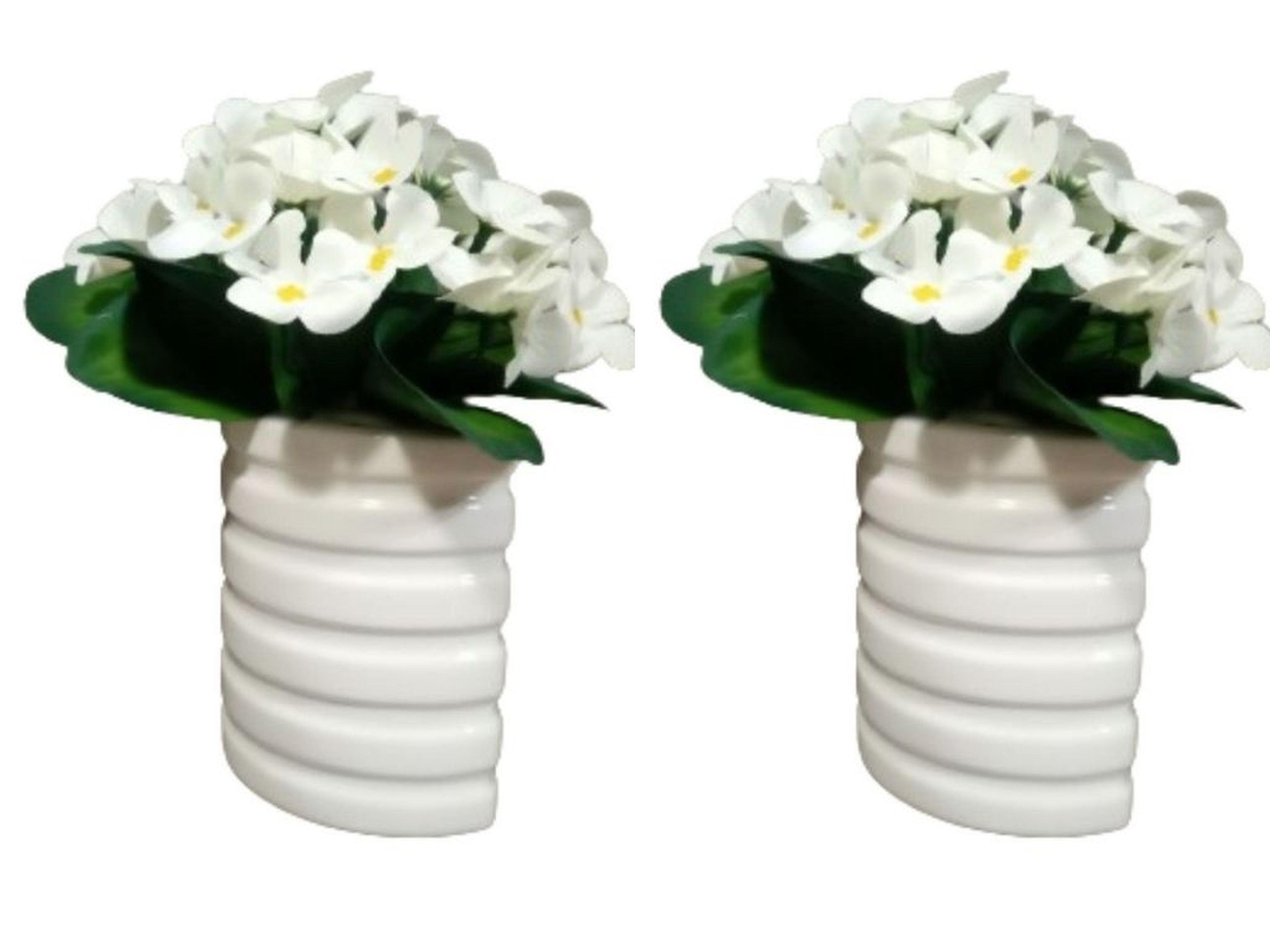 2 Adet Vazo Dahil,Vazoda Çiçek,Beyaz Yapay Çiçek,Vazo Dekoratif Oval Çizgili 9X6X16Cm 