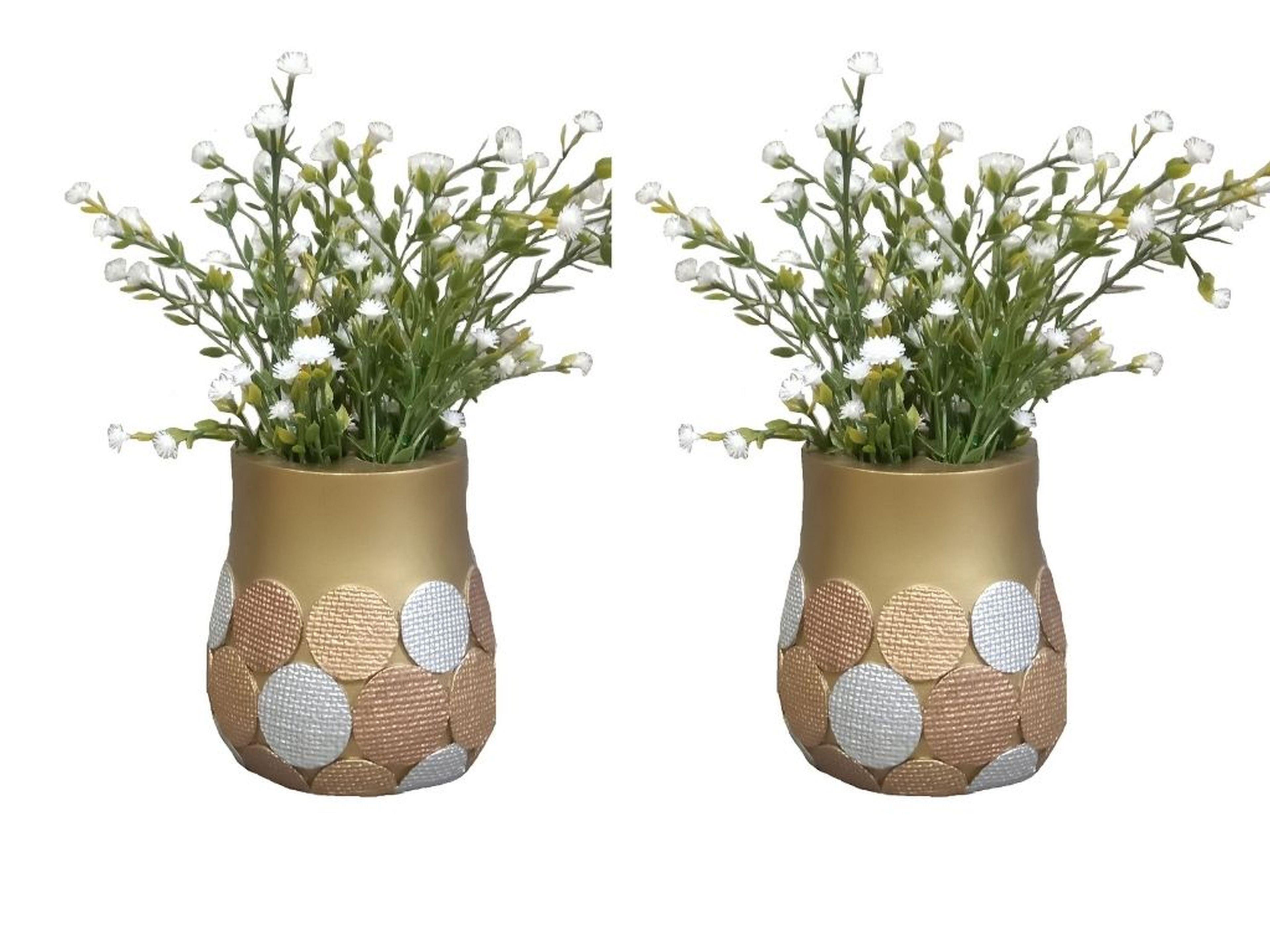 2 Adet Vazo Dahil,Vazoda Çiçek,Beyaz Yapay Çiçek,Vazo Dekoratif Altın Puanlı Poliresin 9X9X15Cm  