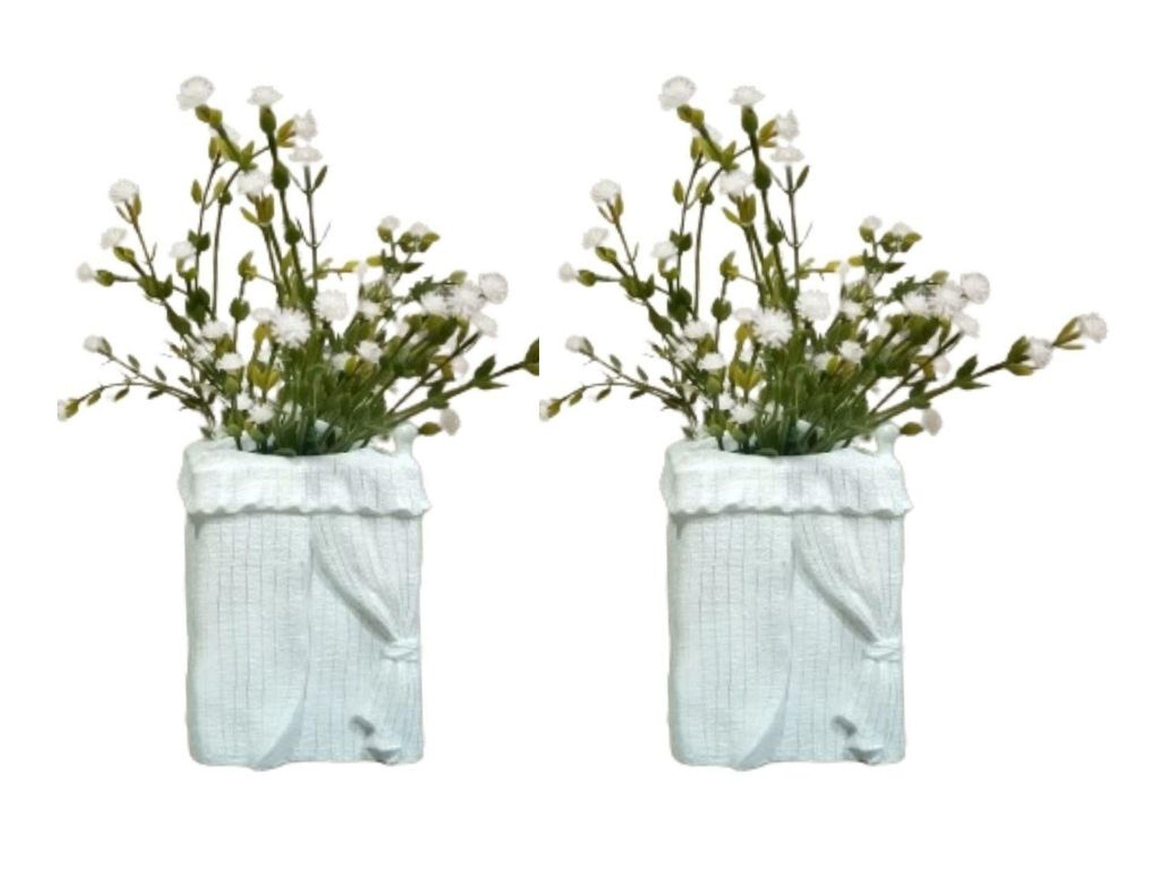 2 Adet Vazo Dahil,Vazoda Çiçek,Beyaz Yapay Çiçek,Vazo Dekoratif Poliresin 7X7X17Cm 