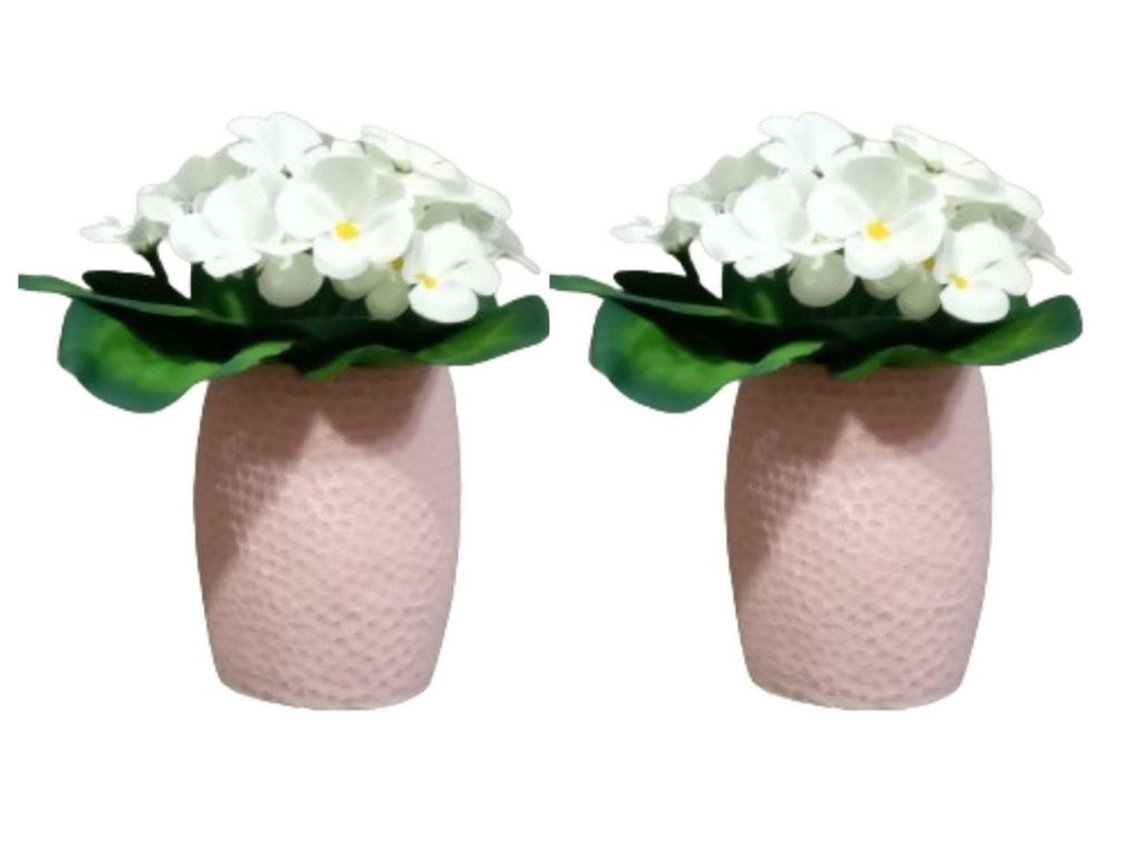 2 Adet Vazo Dahil,Vazoda Çiçek,Beyaz Yapay Çiçek,Vazo Pembe Petek Desenli Poliresin 8X8X15Cm