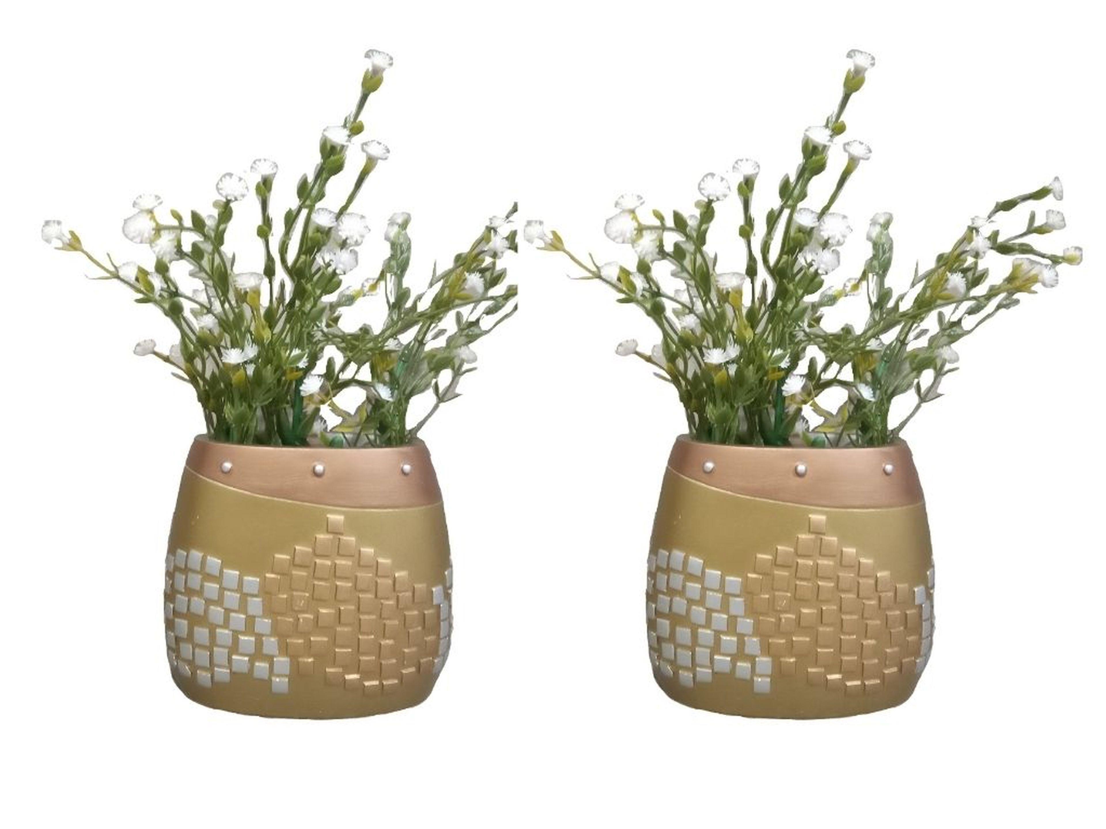 2 Adet Vazo Dahil,Vazoda Çiçek,Beyaz Yapay Çiçek,Vazo Dekoratif Altın Mozaik Poliresin 10X15X5Cm 