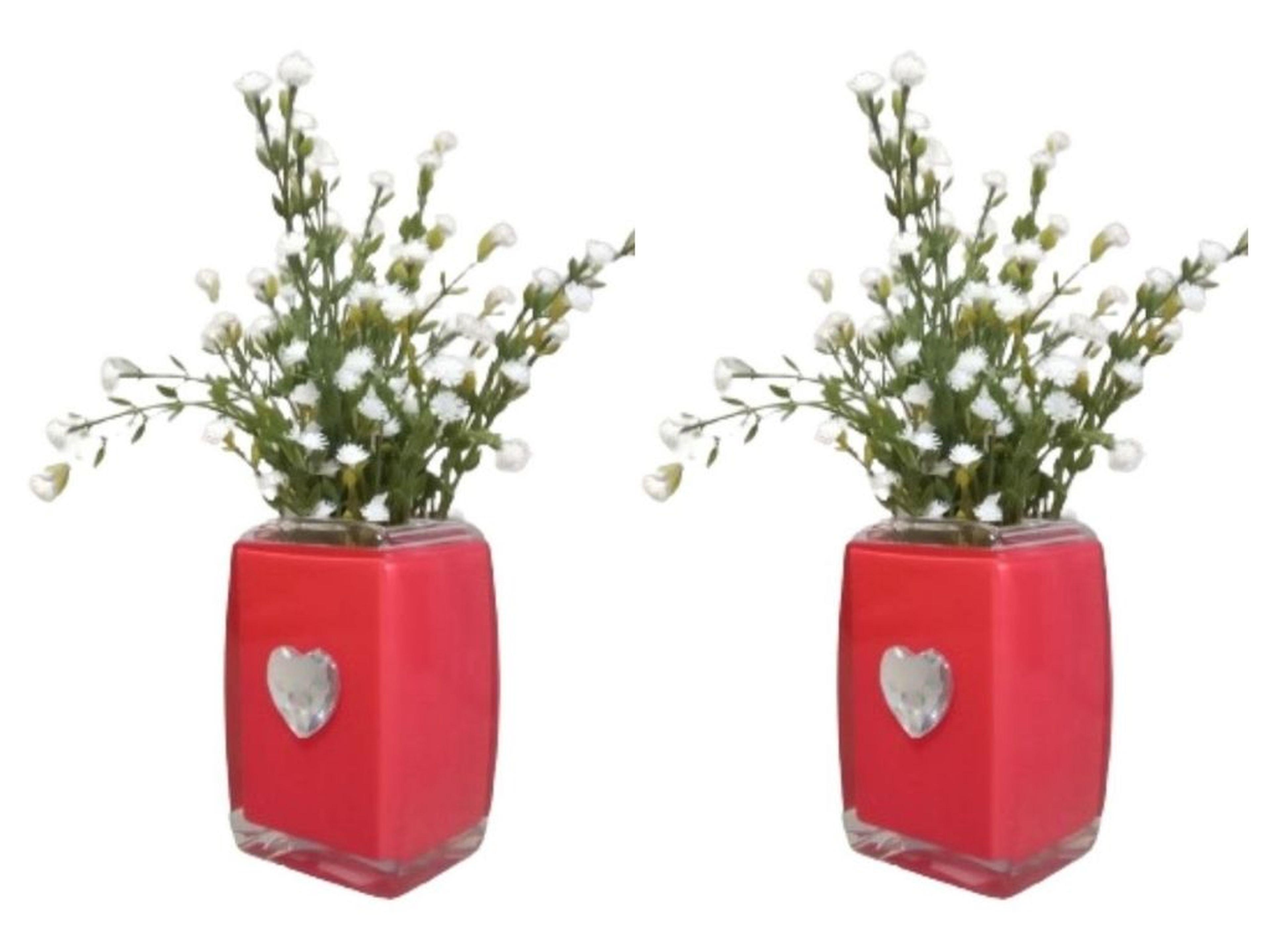 2 Adet Vazo Dahil,Vazoda Çiçek,Beyaz Yapay Çiçek,Vazo Dekoratif Kristal Taşlı Kırmızı Kalpli  6X6X16Cm 
