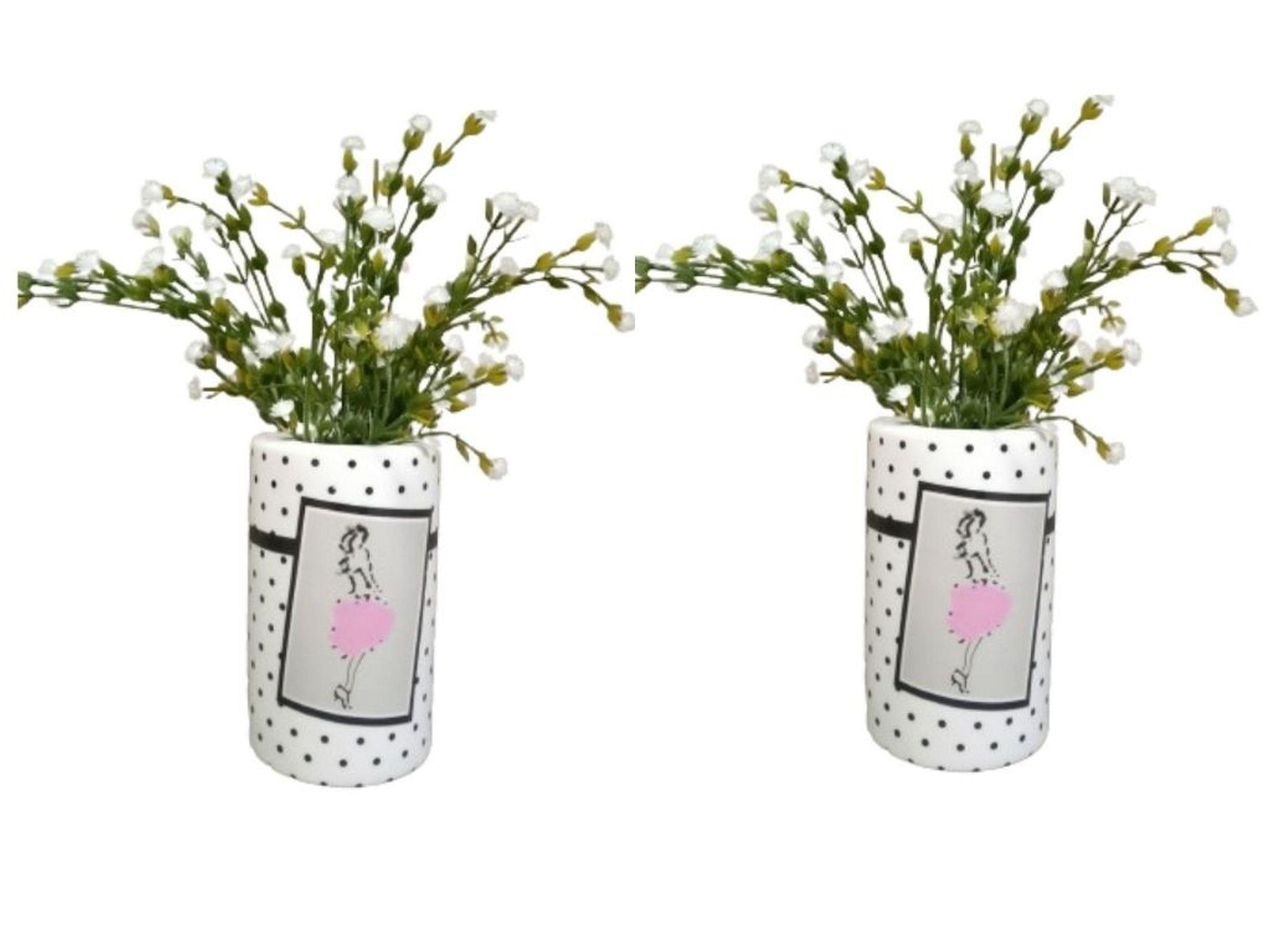 2 Adet Vazo Dahil,Vazoda Çiçek,Beyaz Yapay Çiçek,Vazo Dekoratif Pembe Elbiseli Kadın 7X7X16Cm 