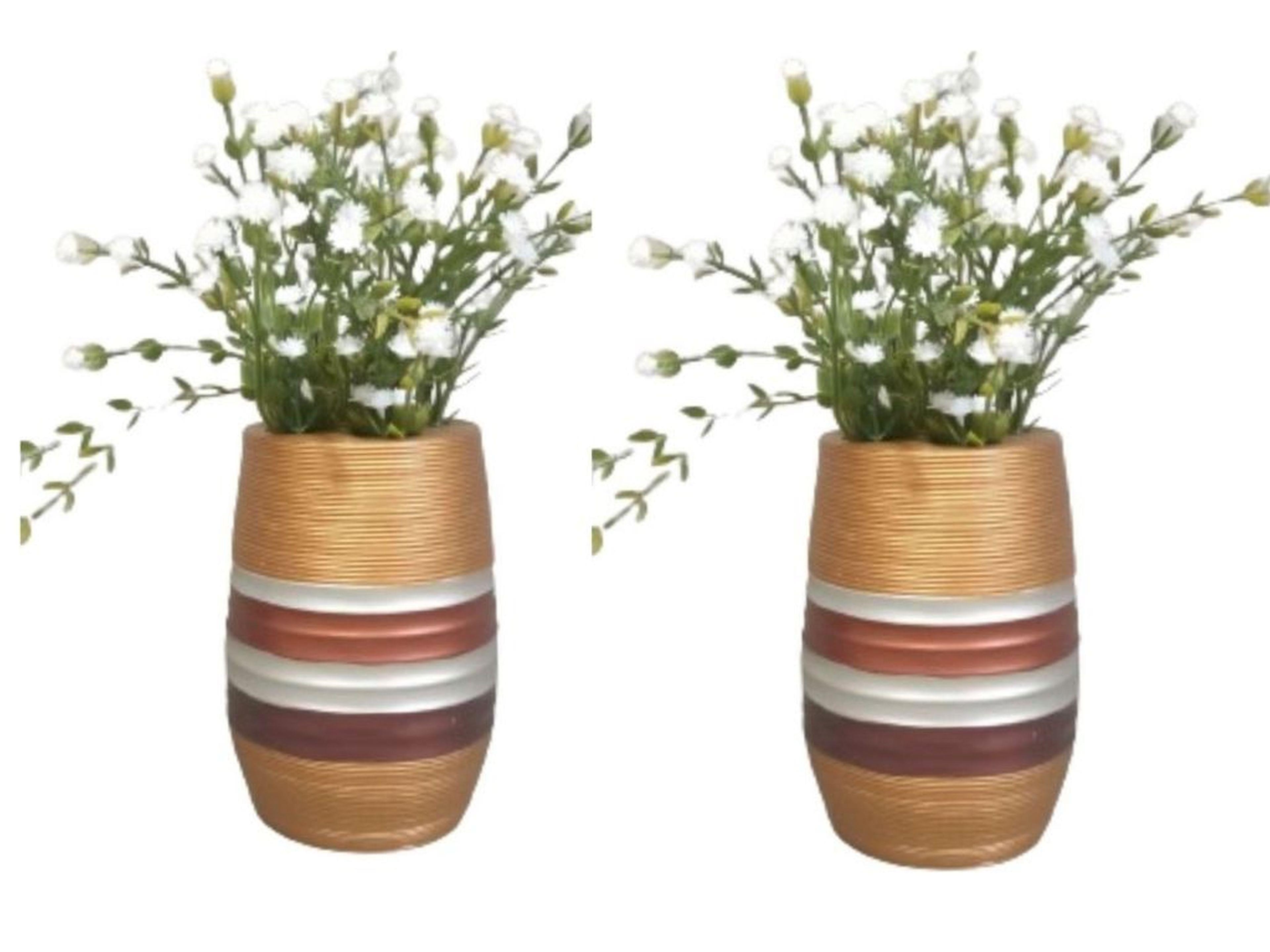 2 Adet Vazo Dahil,Vazoda Çiçek,Beyaz Yapay Çiçek,Vazo Dekoratif Metalik Kahve Poliresin 6X6X17Cm 