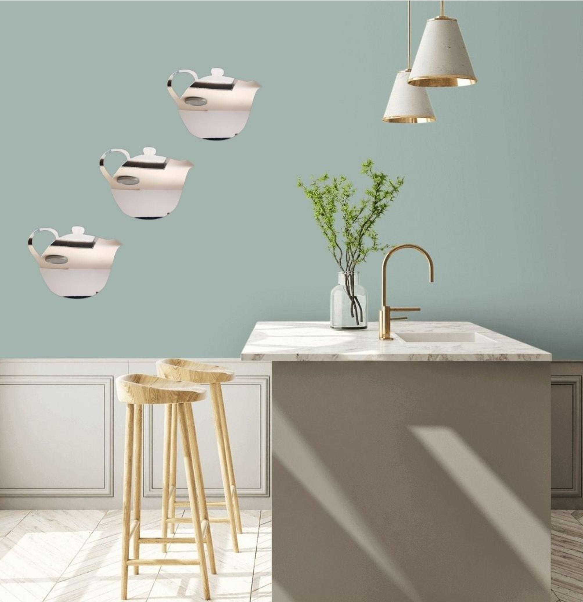 Aynalı Duvar Süsü (Sticker) 2 Adet Çaydanlık Şekilli 20x15x0,6cm