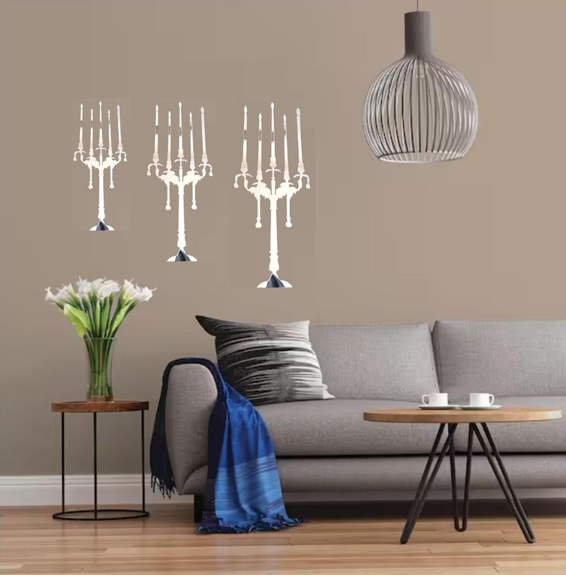 Aynalı Duvar Süsü (Sticker) 2 Adet Şamdan Şekilli 35x20x0,6cm