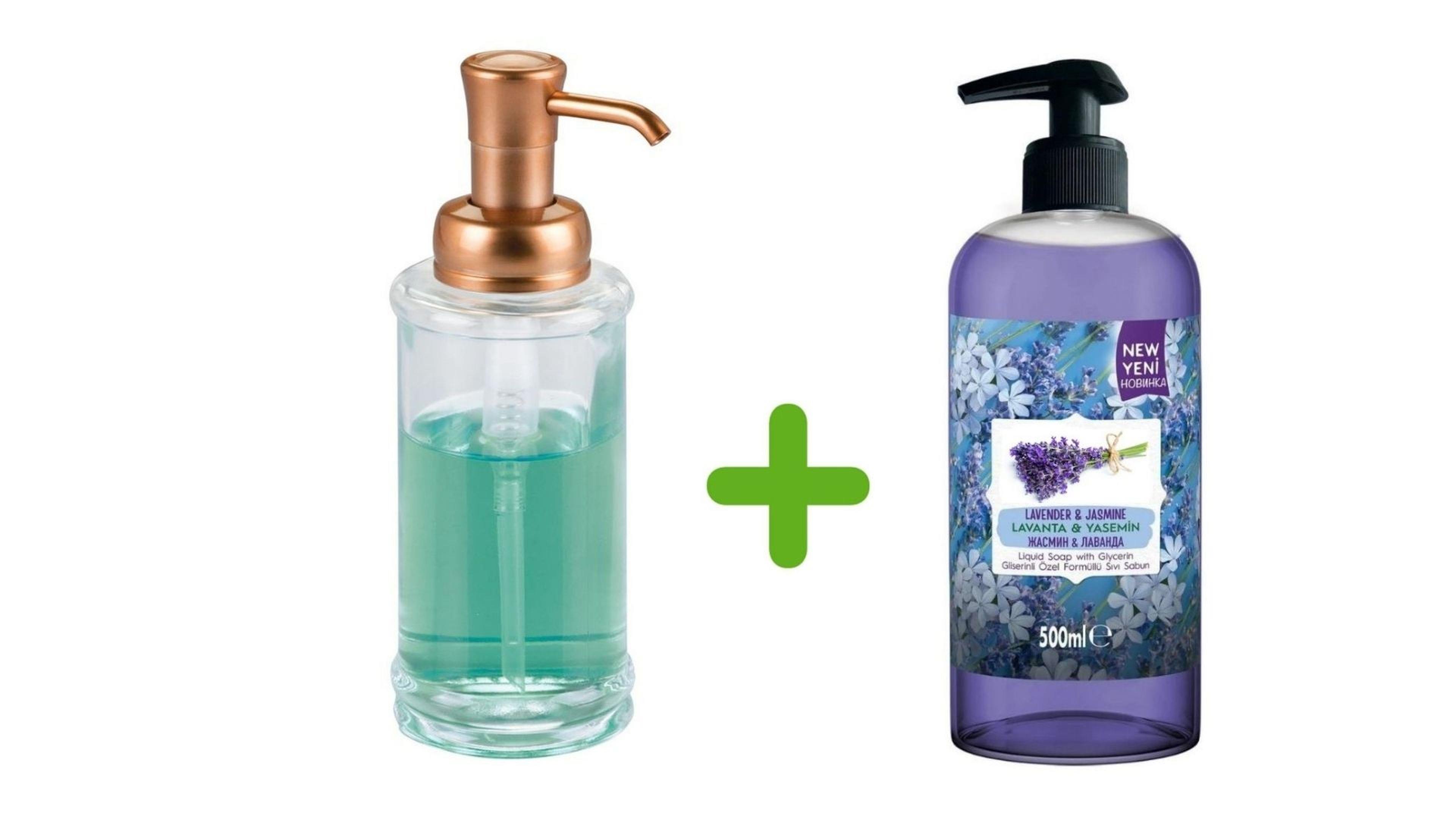 Bakır Renk Pompalı Cam Sıvı Sabunluk Ve 1 Adet 400 ml Sıvı Sabun Lavanta Kokulu