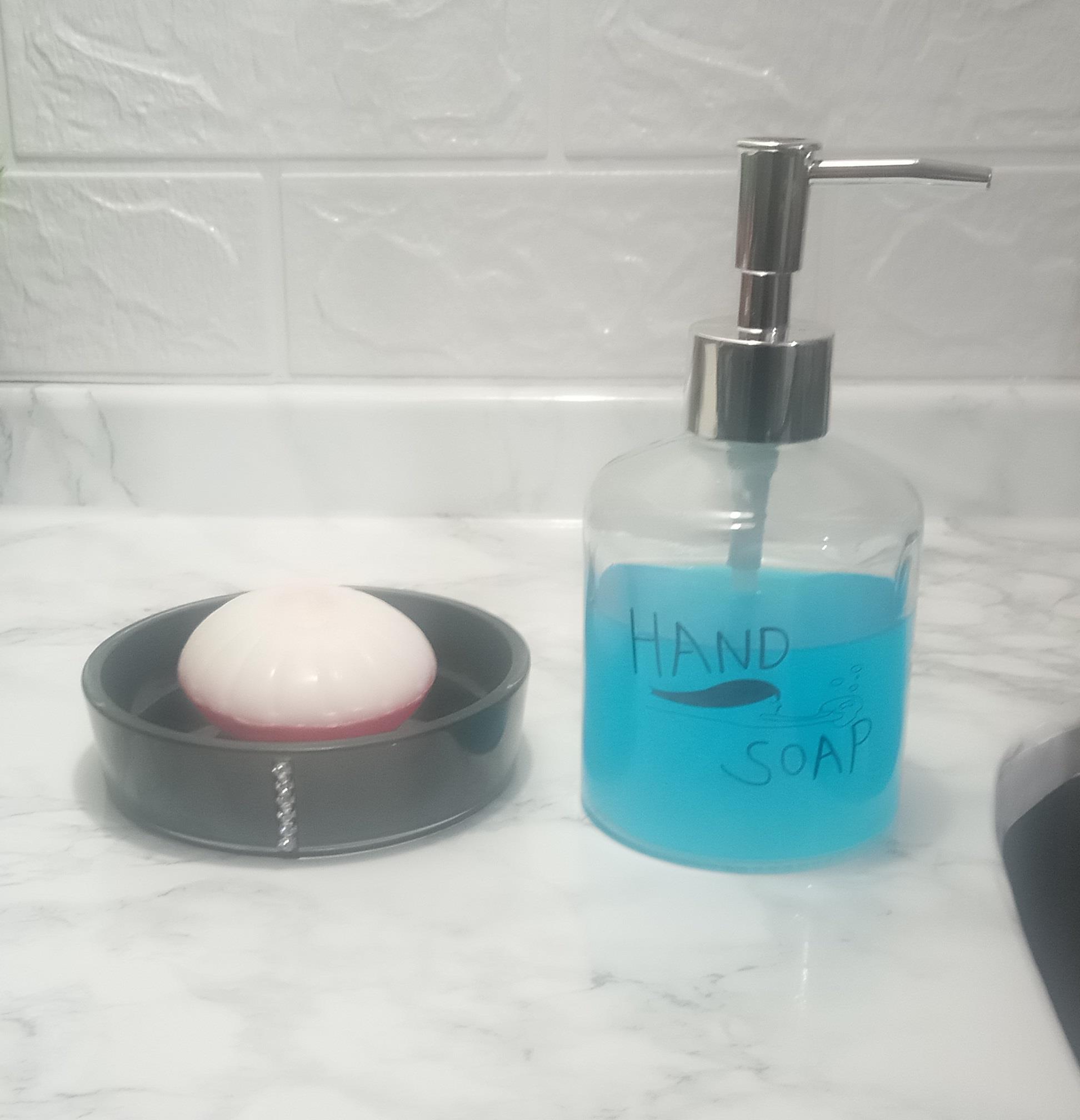 Banyo Seti,El Sabunu Yazılı Cam Sıvı Sabunluk Ve Akrilik Siyah Taşlı Sabunluk 