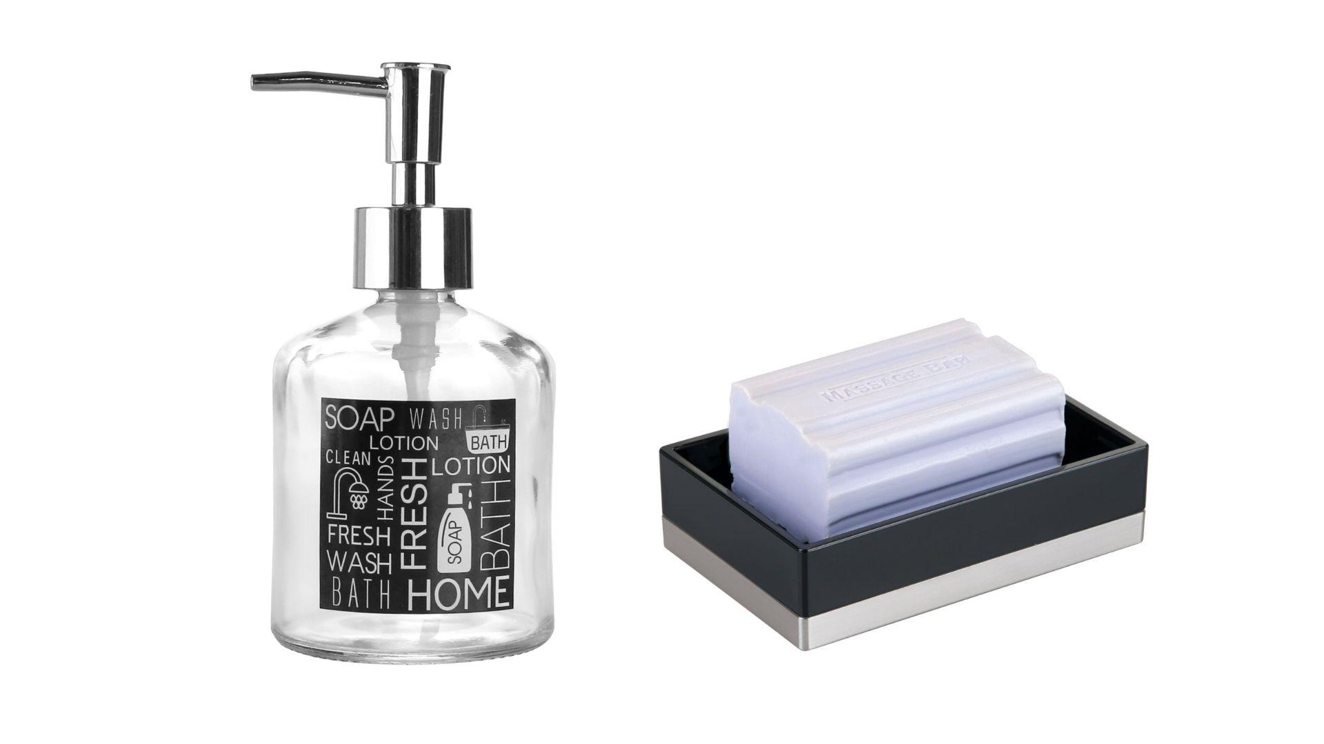 Banyo Seti,Siyah Etiketli Cam Sıvı Sabunluk Ve Akrilik Siyah Sabunluk 