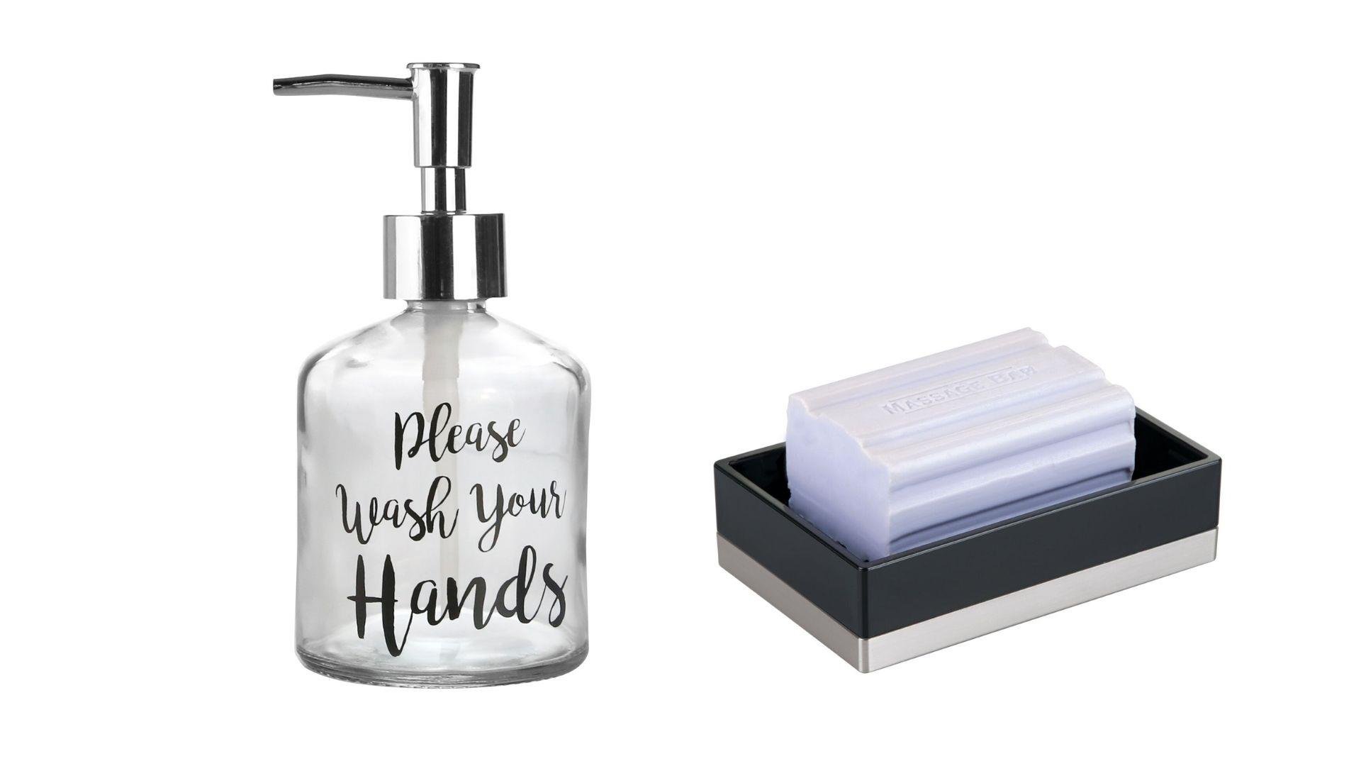 Banyo Seti,Yazılı Cam Sıvı Sabunluk Ve Akrilik Siyah Sabunluk 