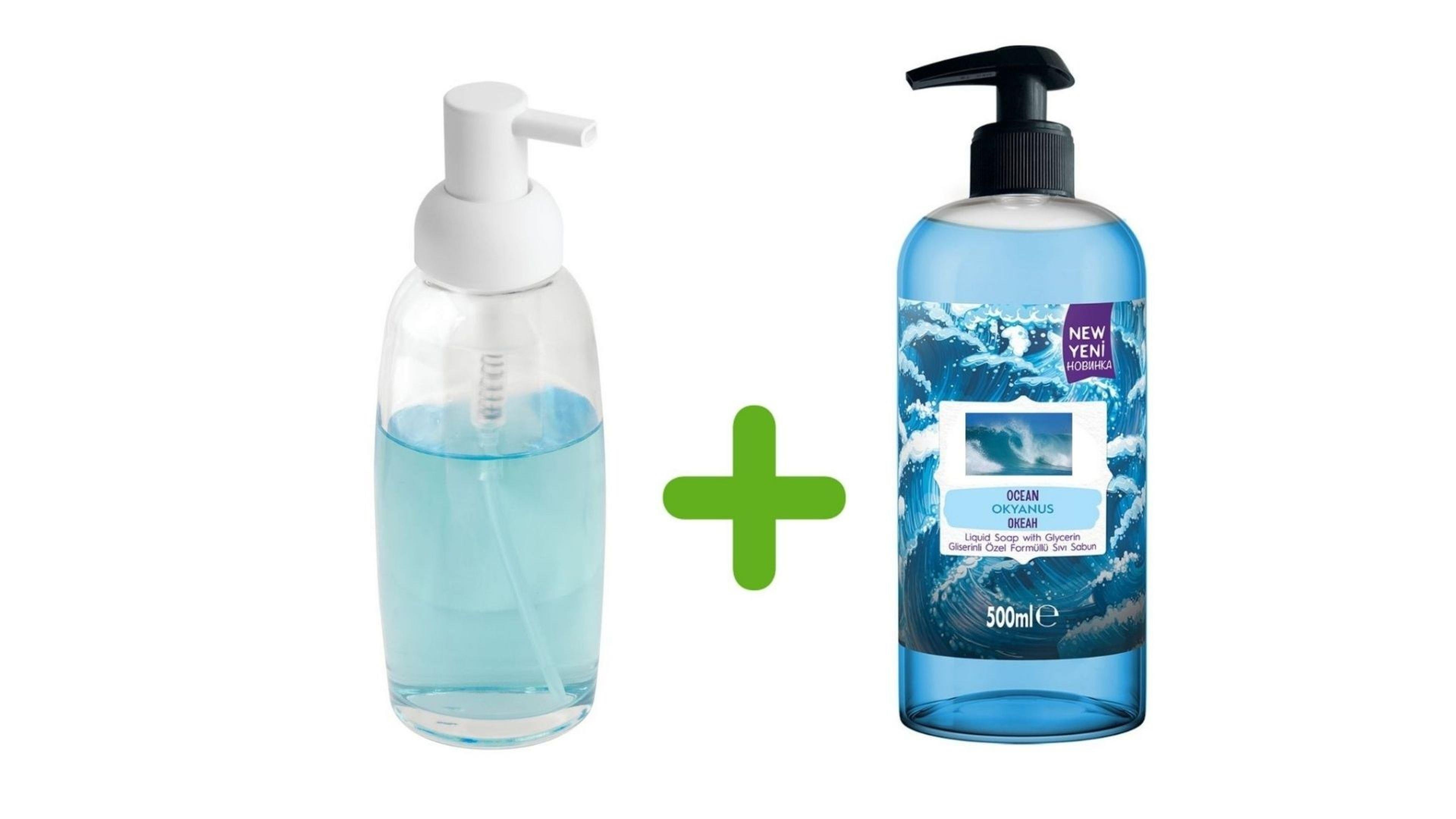 Beyaz Cam Sıvı Sabunluk Ve 1 Adet 500 Ml Sıvı Sabun Okyanus Kokulu