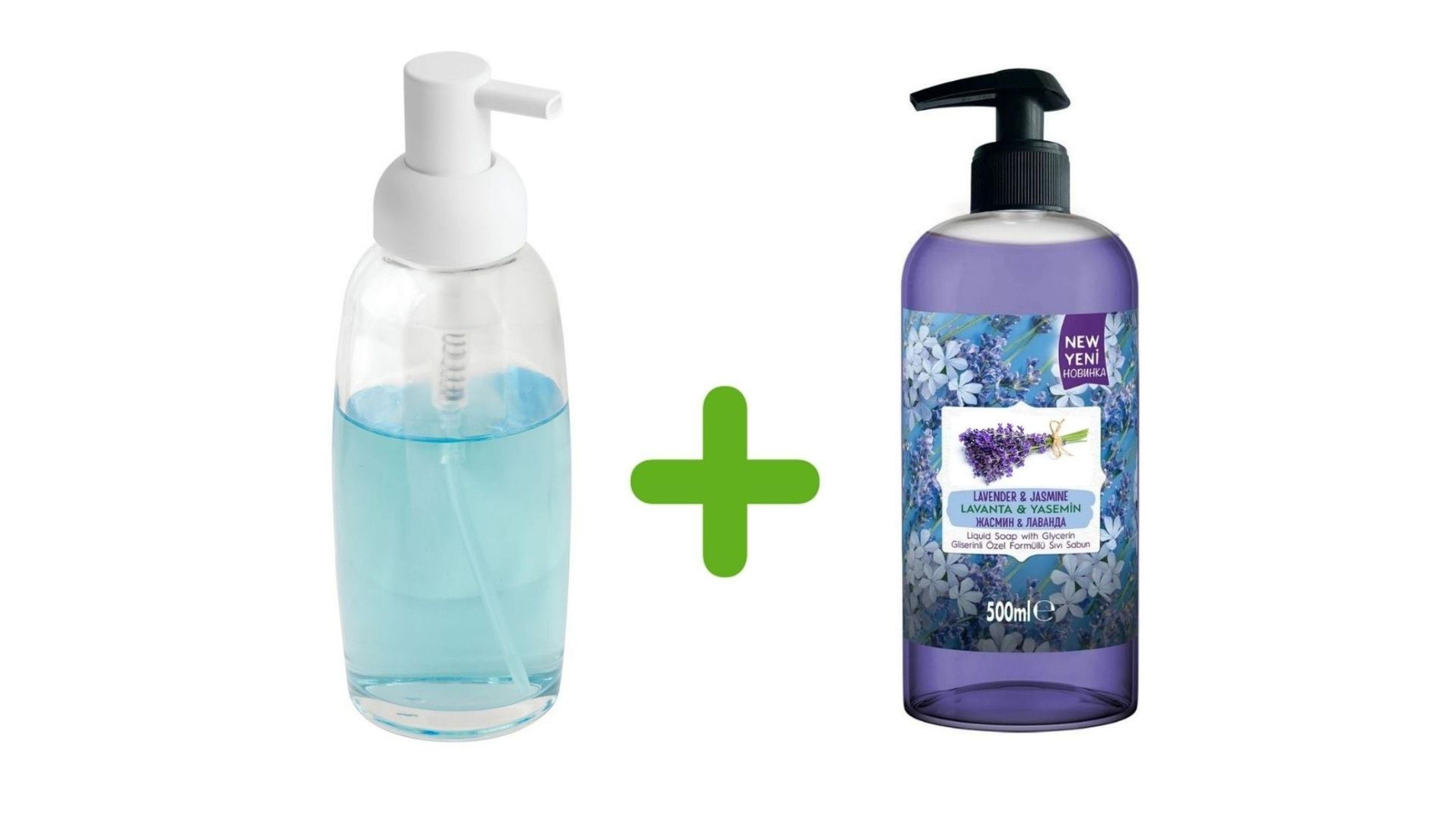 Beyaz Cam Sıvı Sabunluk Ve 1 Adet 500 Ml Sıvı Sabun Lavanta Kokulu