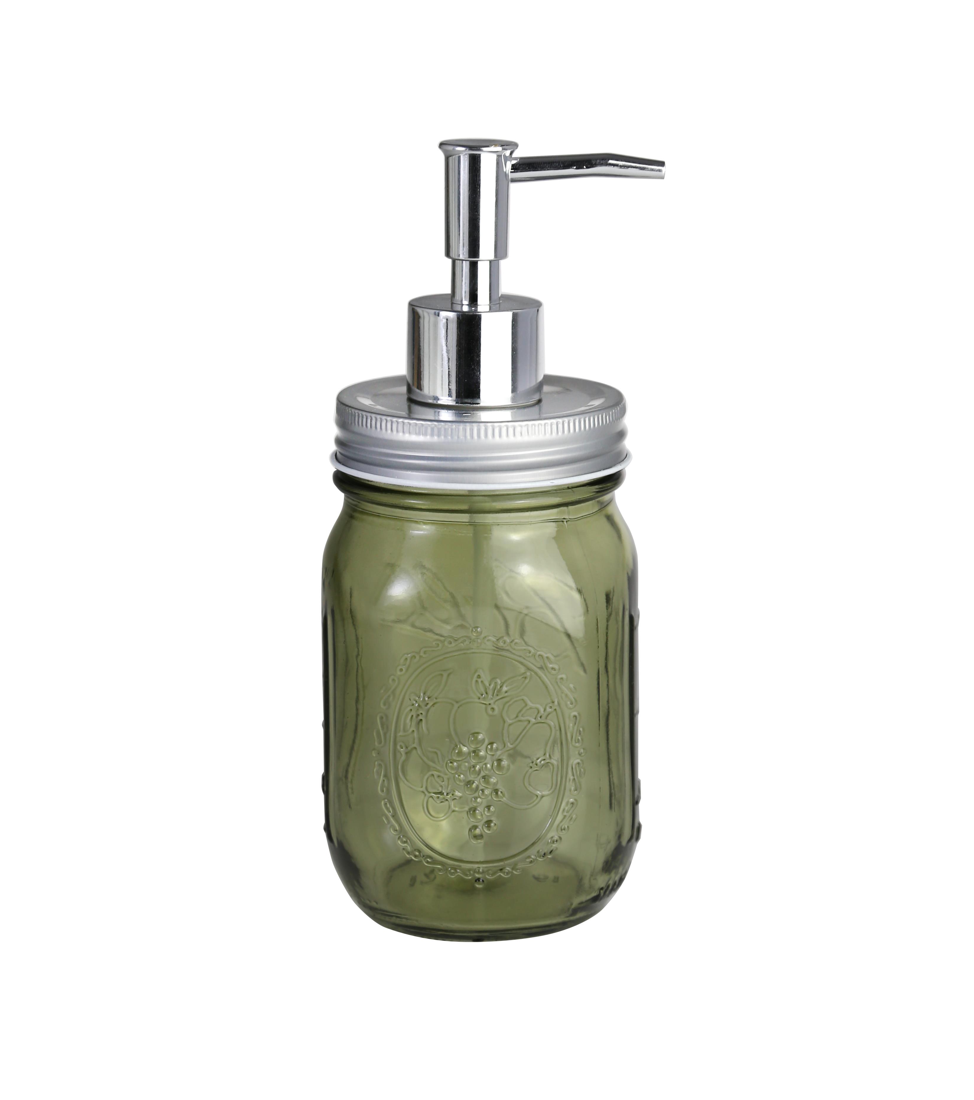 Cam Sıvı Sabunluk,Çiçek Desenli Koyu Yeşil 8X8X10Cm 420Ml