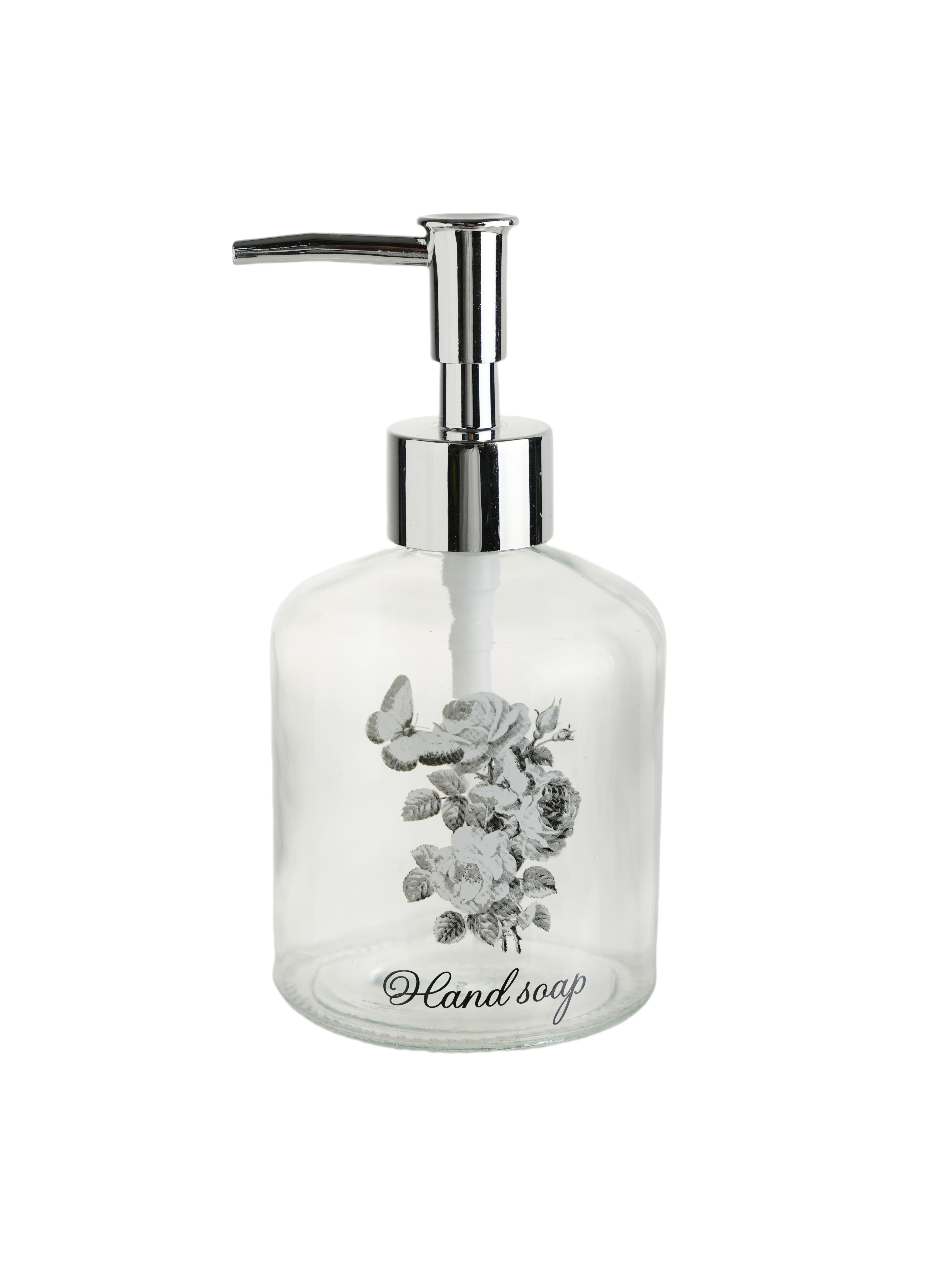 Cam Sıvı Sabunluk,Çiçekli 300Ml Banyo Seti  7,6X15,5Cm