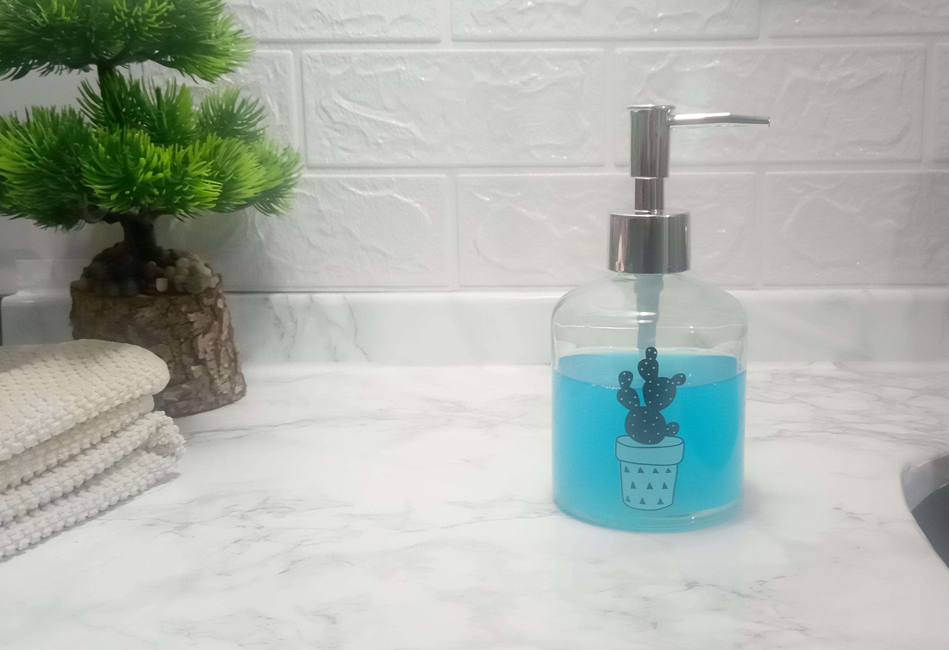 Cam Sıvı Sabunluk,Kaktüs 2 Desen 300Ml Banyo Seti  7,6X15,5Cm