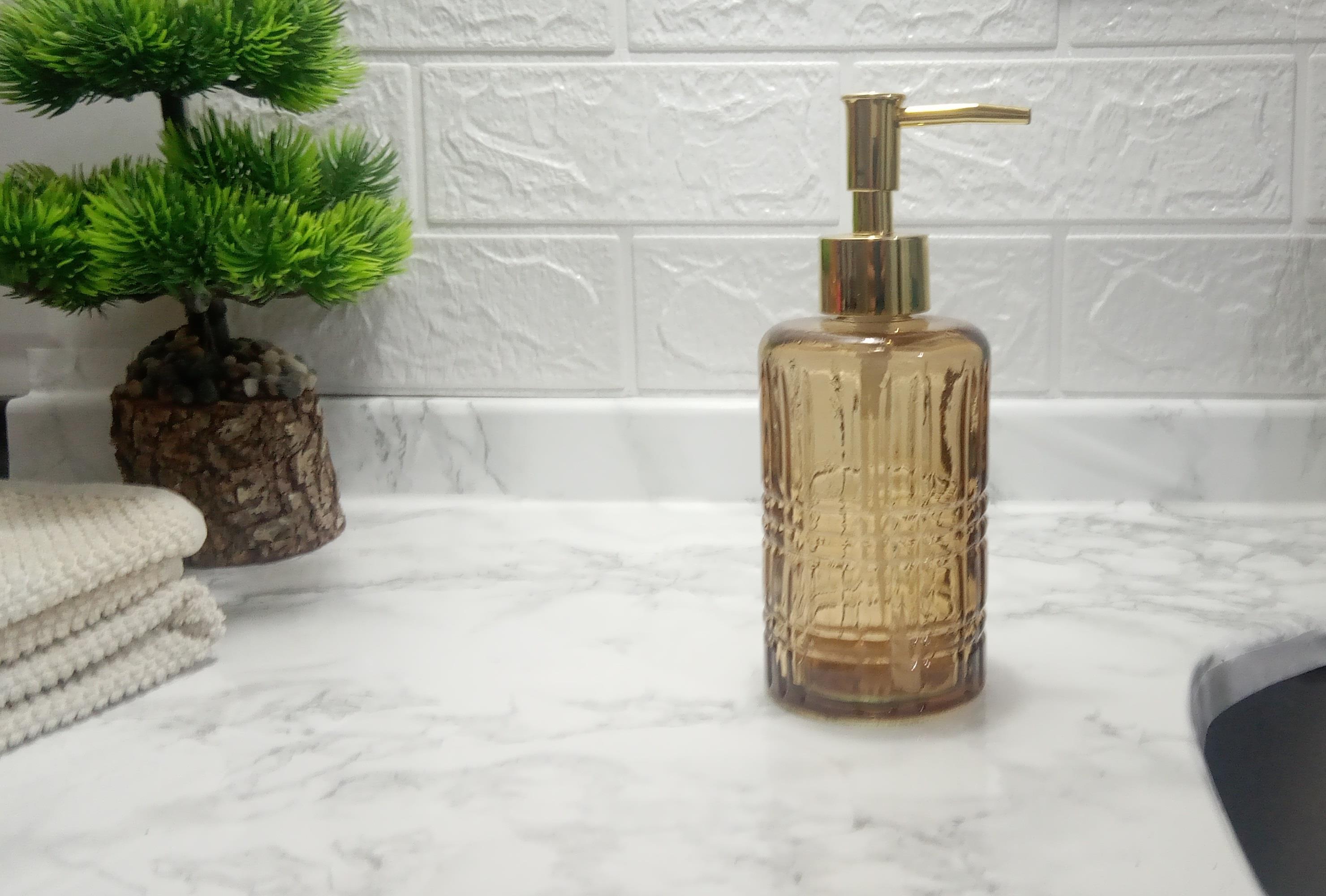 Cam Sıvı Sabunluk,Kristal Desenli Kahverengi 300Ml Banyo Seti   6,8X17,6Cm