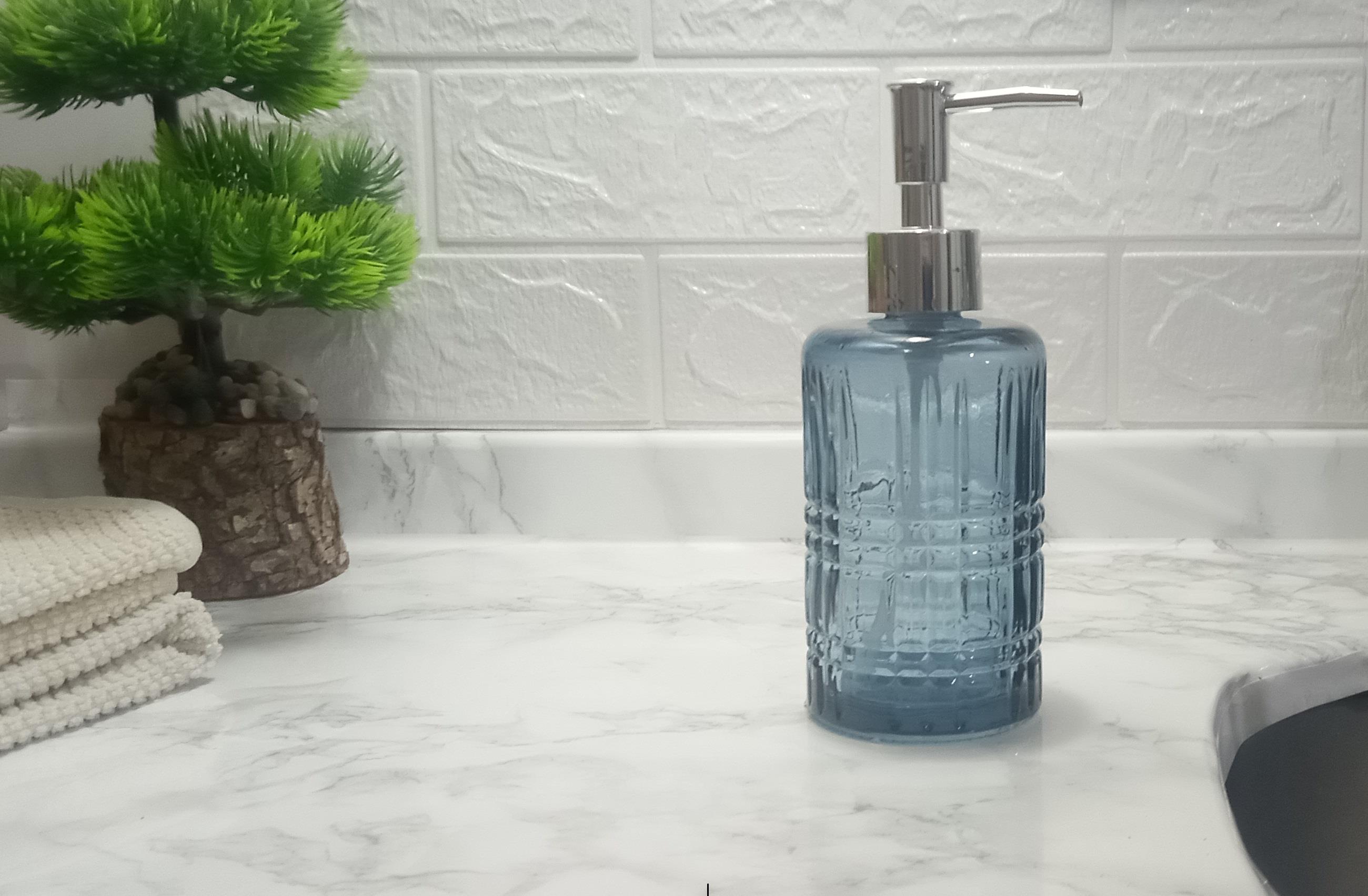 Cam Sıvı Sabunluk,Kristal Desenli Mavi 300Ml  Banyo Seti  6,8X17,6Cm