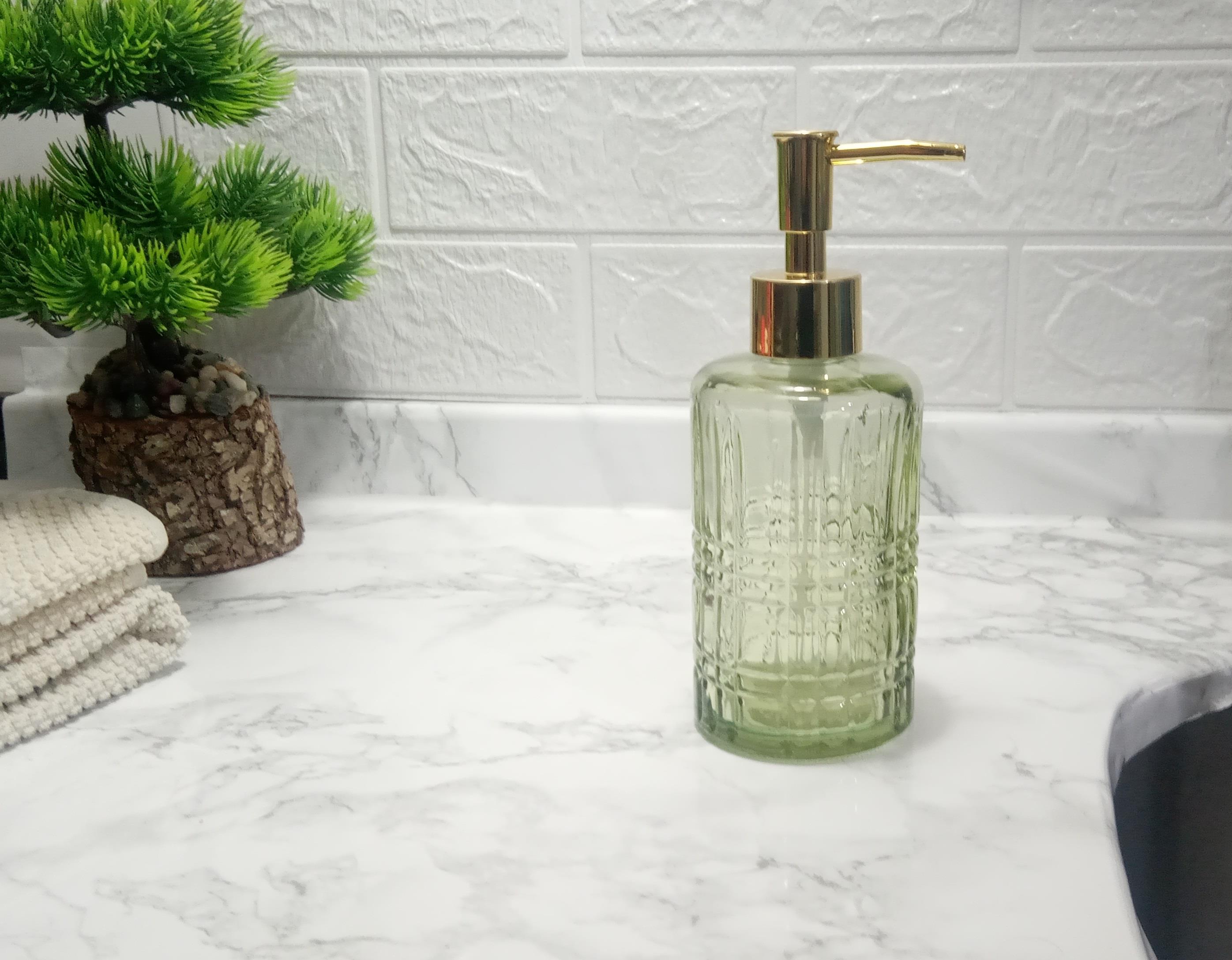 Cam Sıvı Sabunluk,Kristal Desenli Yeşil 300Ml  Banyo Seti  6,8X17,6Cm