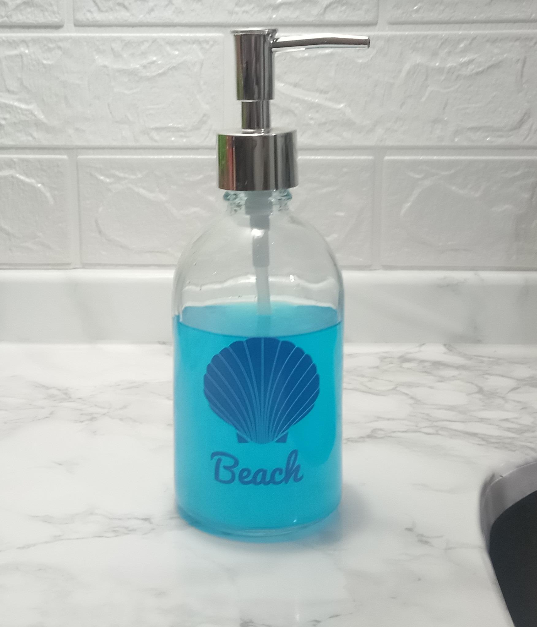 Cam Sıvı Sabunluk,Plaj Yazılı 7x7x20cm360ml Banyo Seti 