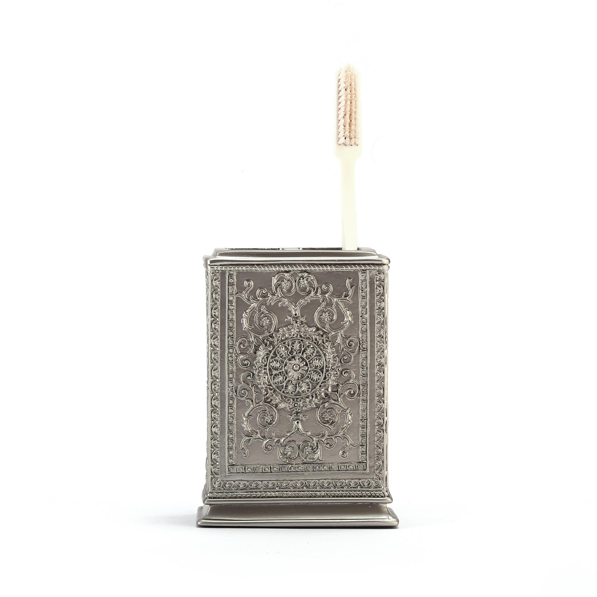 Diş Fırçalık Dekoratif İşlemeli Gümüş Poliresin 8X6X11Cm
