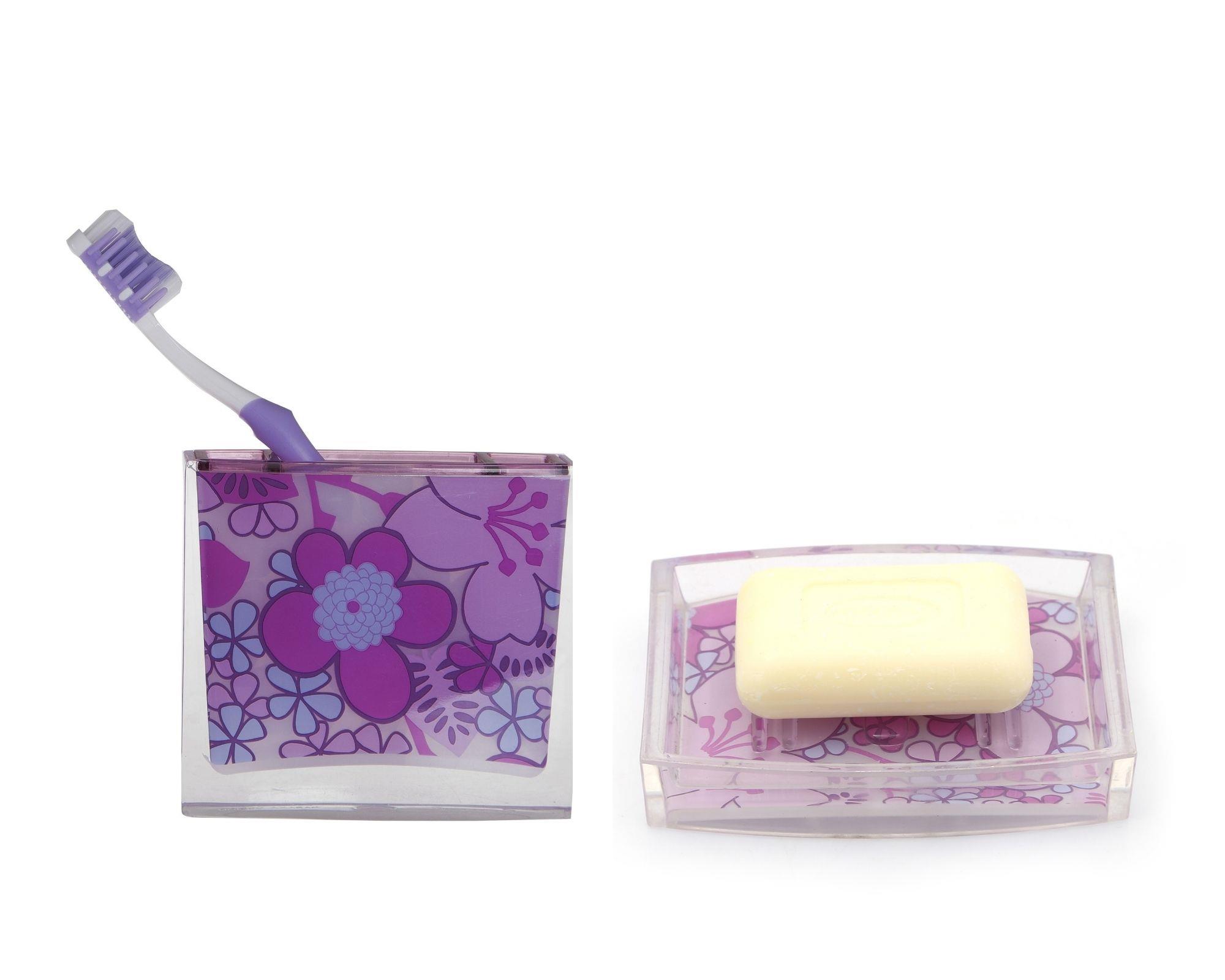 Diş Fırçalık,Sabunluk 2 Li Banyo Seti,Pembe Çiçekli Akrilik