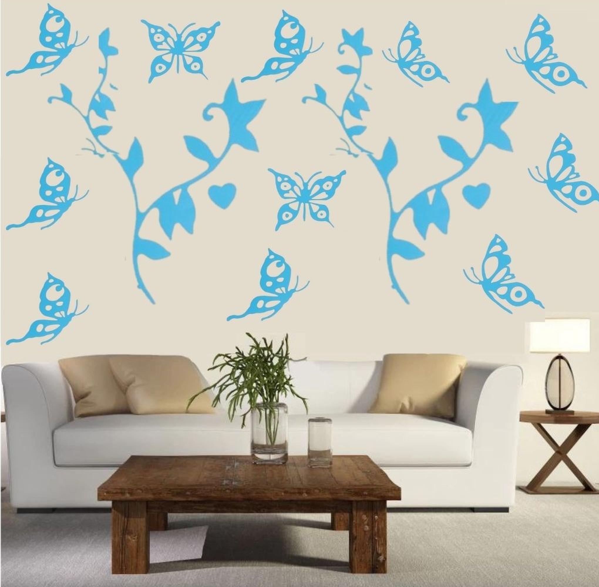 Duvar Süsü (Sticker) 2 Adet Mavi Kelebekli Şeffaf Filmli Pvc 48x33x0,5cm