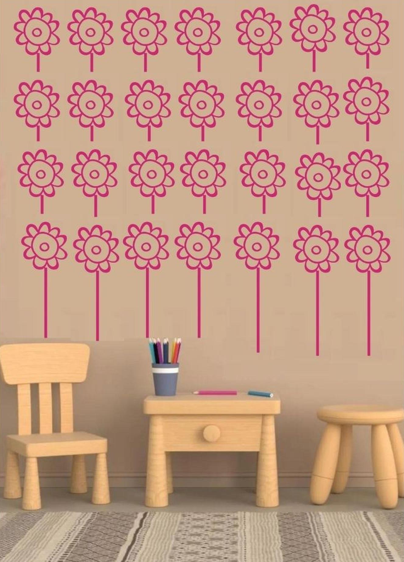 Duvar Süsü (Sticker) 2 Adet Pembe Papatyalı Şeffaf Filmli Pvc 48x33x0,5cm