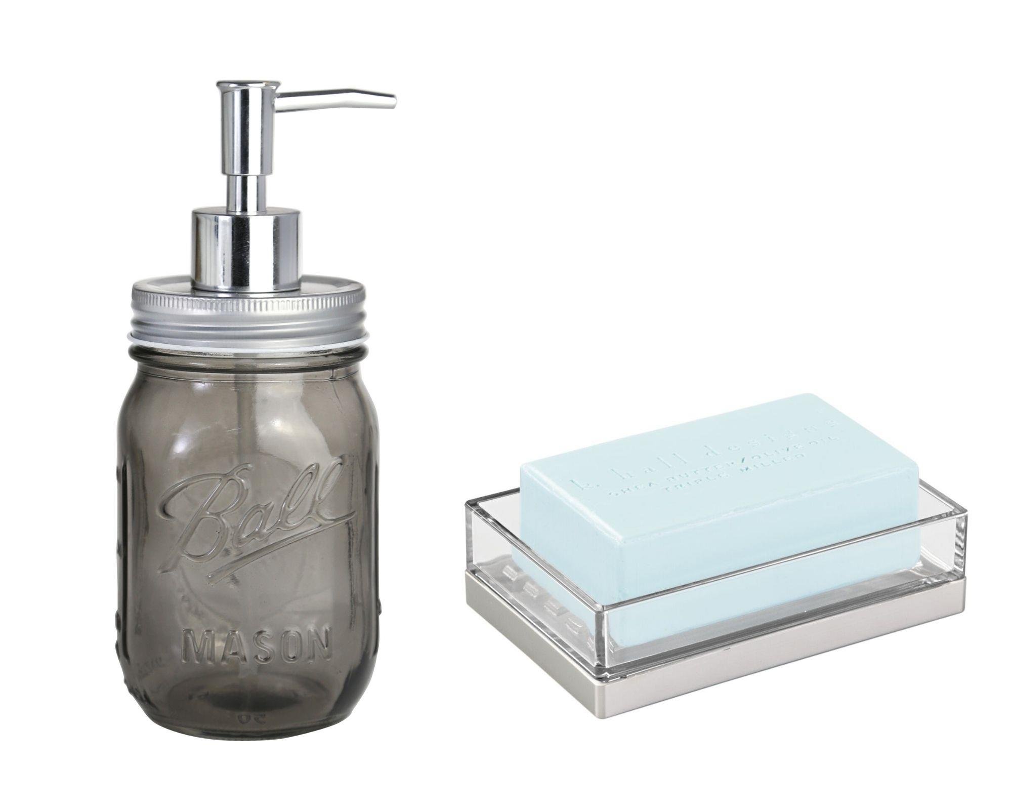 Gri Cam Sıvı Sabunluk Ve Akrilik  Sabunluk 2 Li Banyo Seti