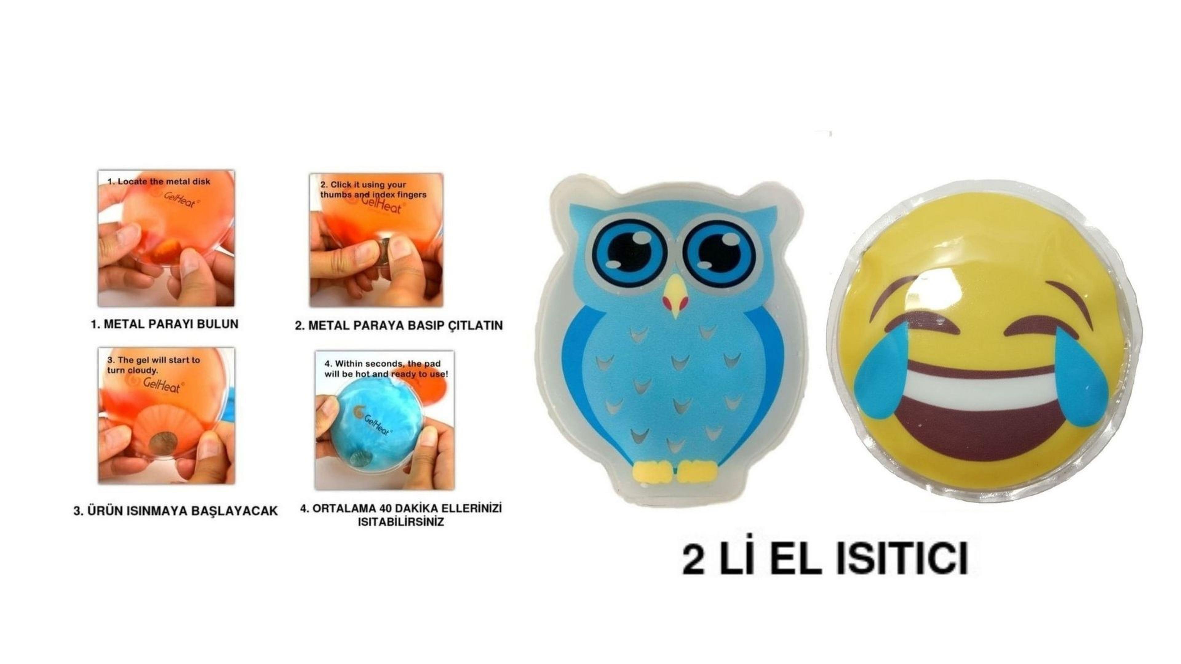 Gülen Emoji Mavi Baykuş Cep Sobası,El Isıtıcı,2 Adet Sıcak Su Torbası Pvc  9Cm