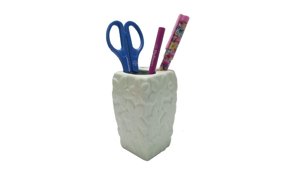 Kalemlik Çiçekli Su Yeşili Seramik Ofis Gereci  7x7x12cm 