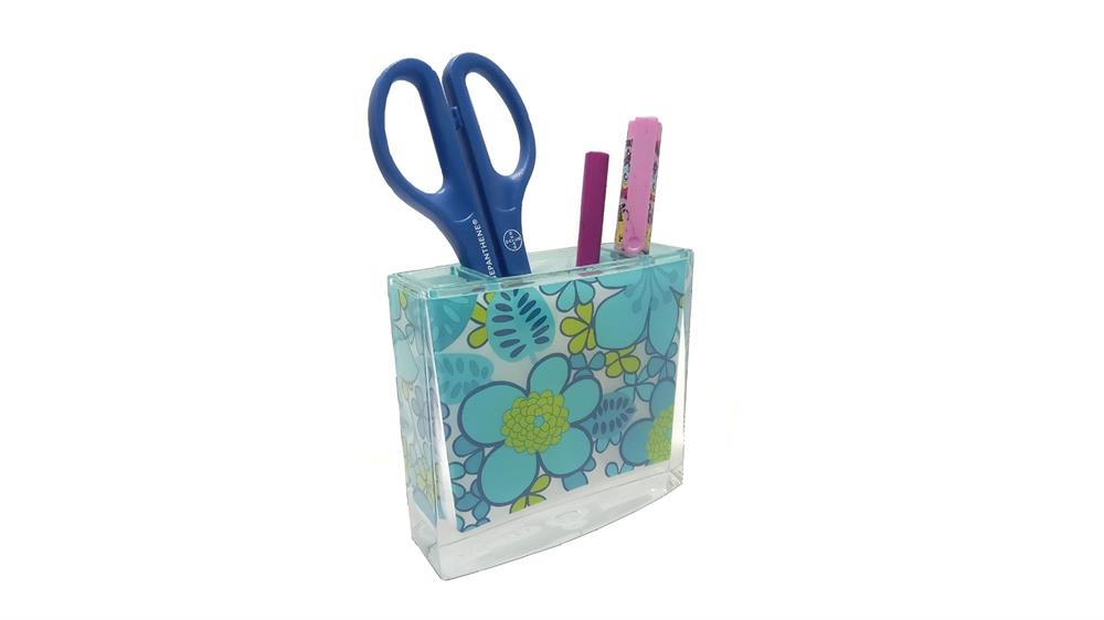 Kalemlik Mavi Çiçekli Akrilik Ofis Gereci 10x10x3cm